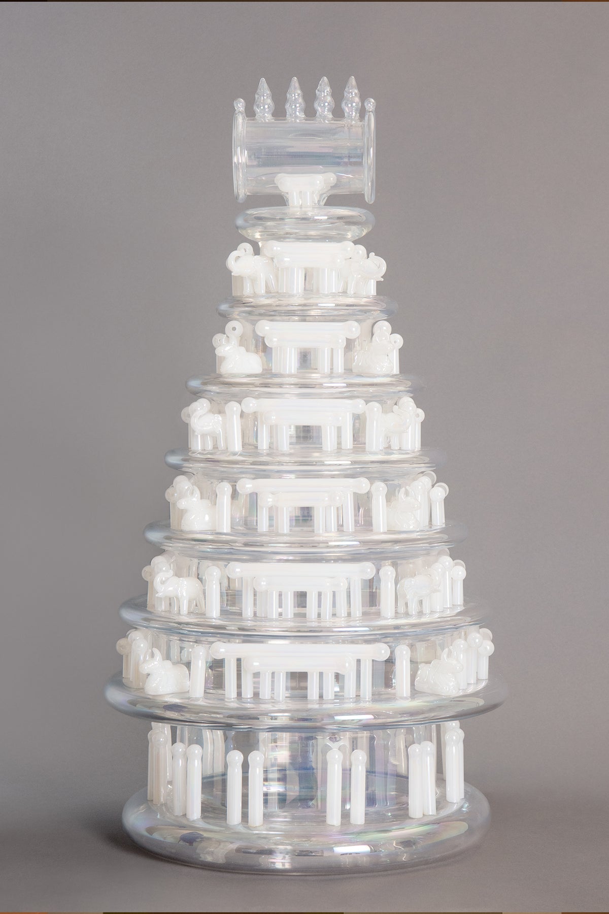 Gopura Temple Handblown Glass Clear & White Opaline MOP Finish Sculpture