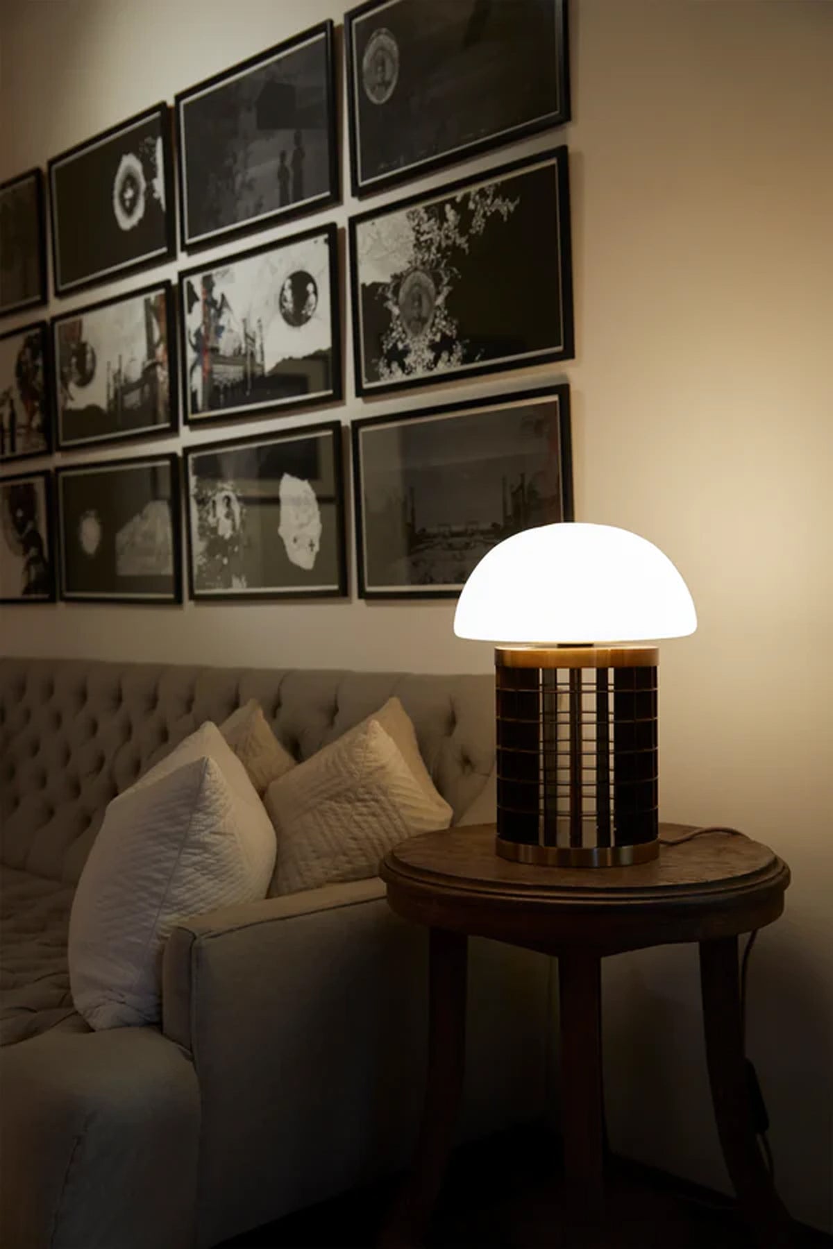 SOL Pillar & Handblown Glass White Iridescent Dome Table Lamp