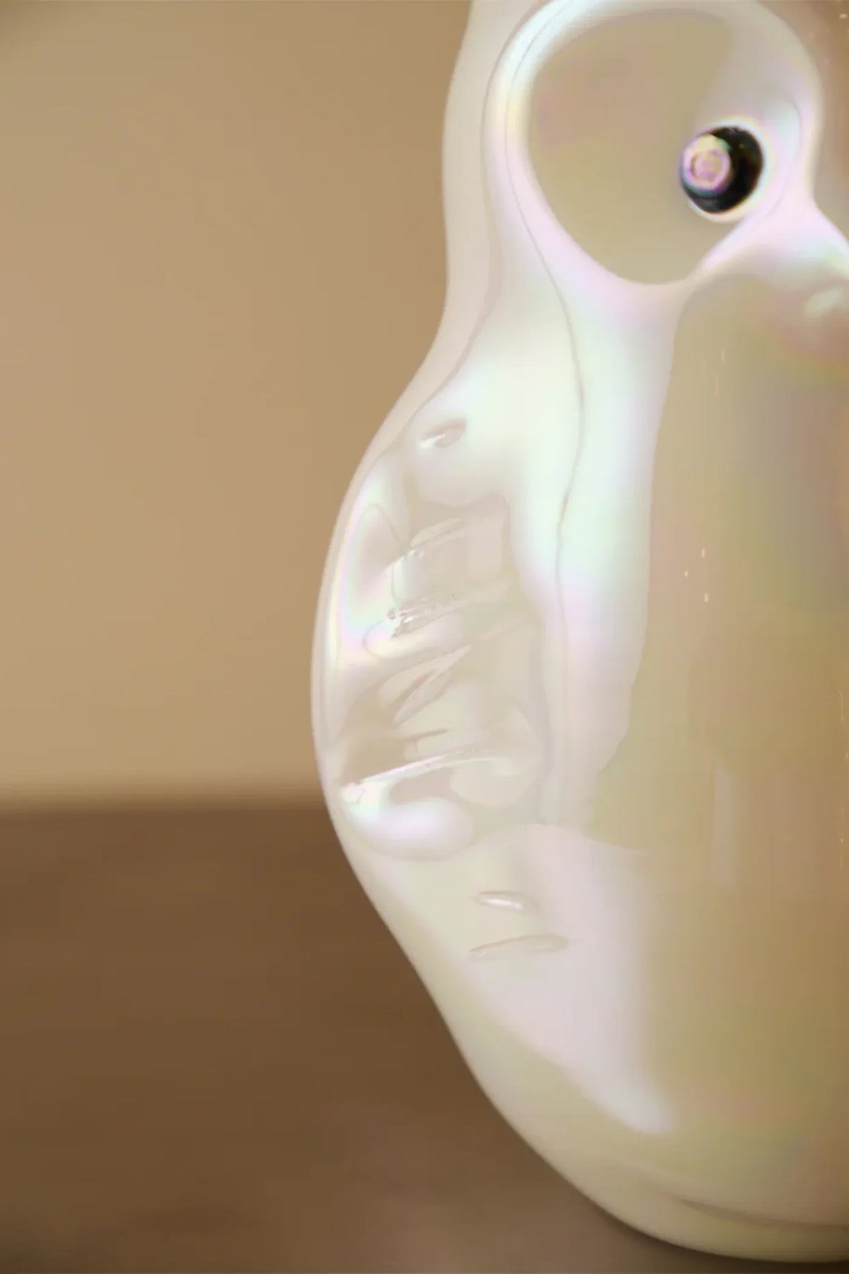 Owl Handblown Glass Opaline White MOP Finish Sculpture