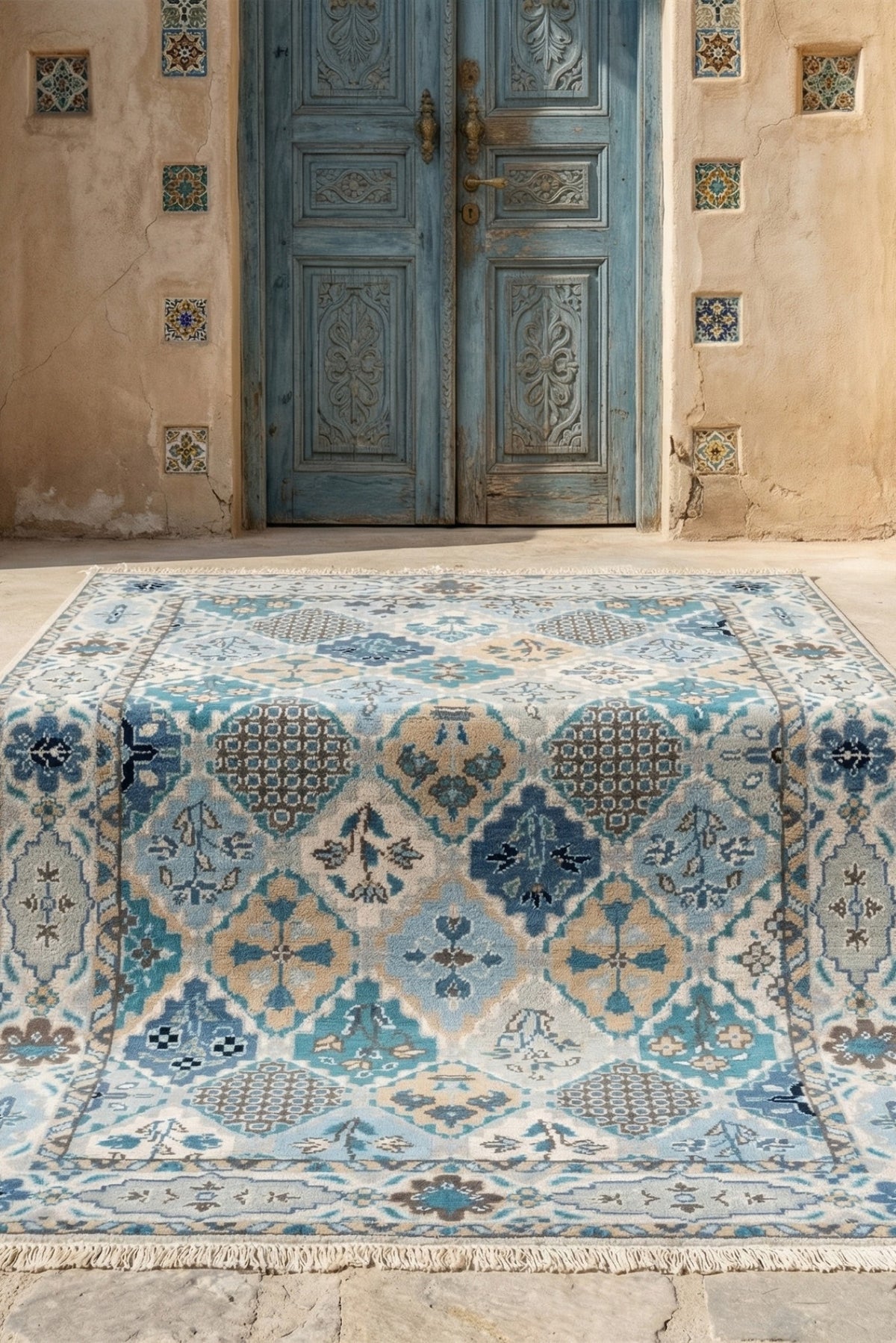 Jaipur Rugs Soft Traditional 5X8 Feet Rug| Pebble White & Seaside Blue Hand Knotted Rug Carpet For Living Room