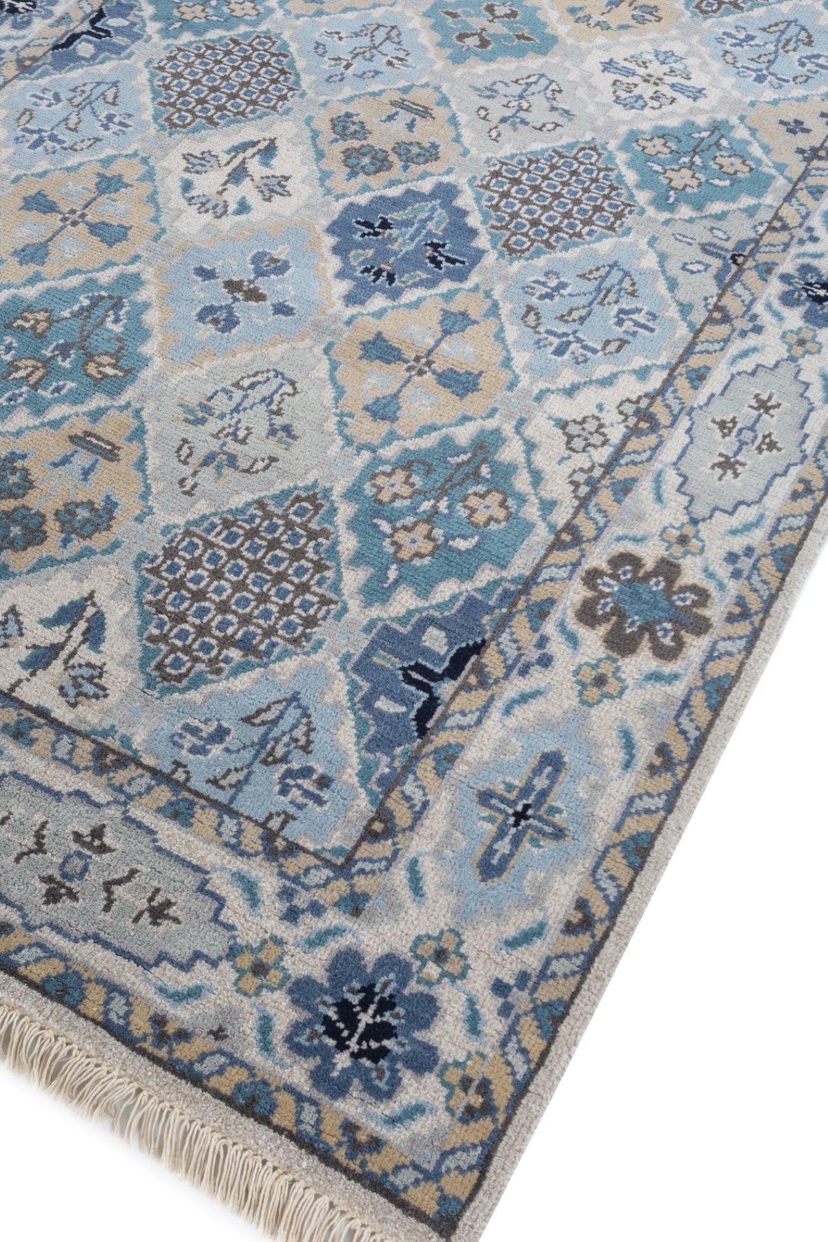 Jaipur Rugs Soft Traditional 5X8 Feet Rug| Pebble White & Seaside Blue Hand Knotted Rug Carpet For Living Room