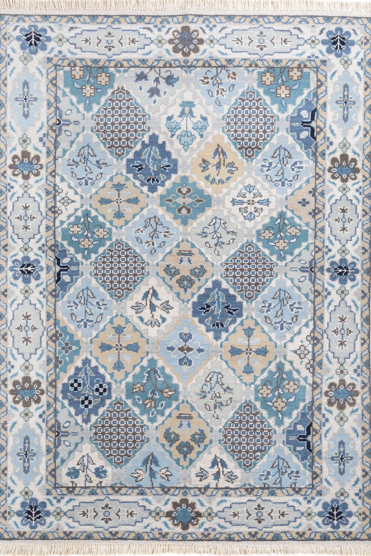 Jaipur Rugs Soft Traditional 5X8 Feet Rug| Pebble White & Seaside Blue Hand Knotted Rug Carpet For Living Room