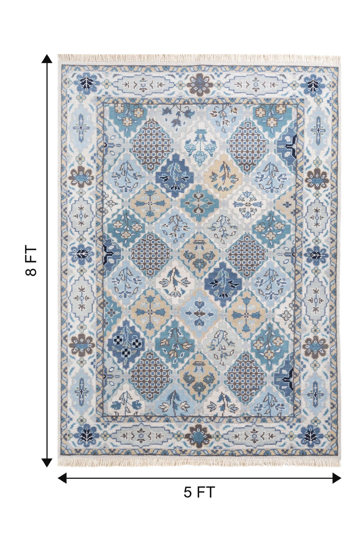 Jaipur Rugs Soft Traditional 5X8 Feet Rug| Pebble White & Seaside Blue Hand Knotted Rug Carpet For Living Room