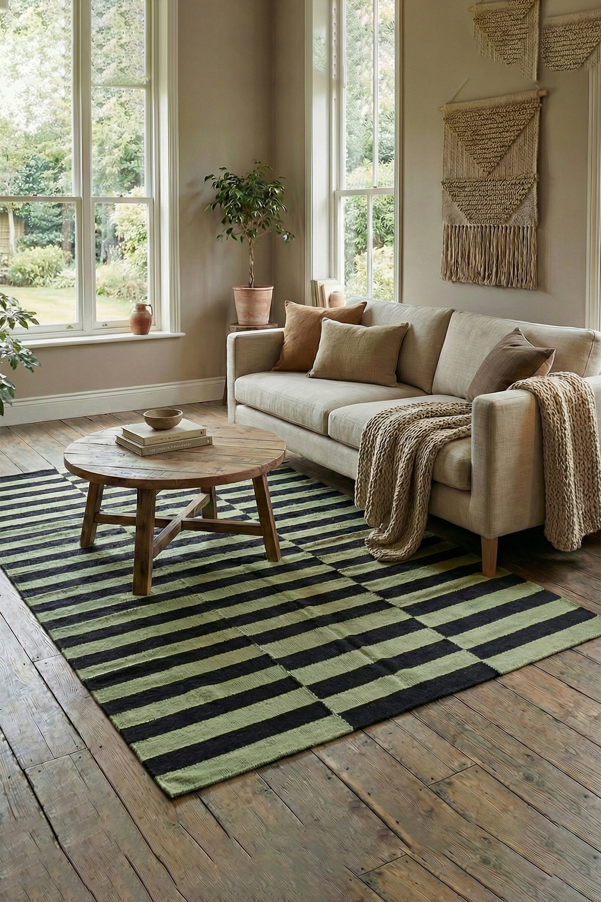 Jaipur Rugs Soft Striped 5X8 Feet Rug| Spinach Green & Ebony Hand Knotted Dhurrie Carpet For Living Room