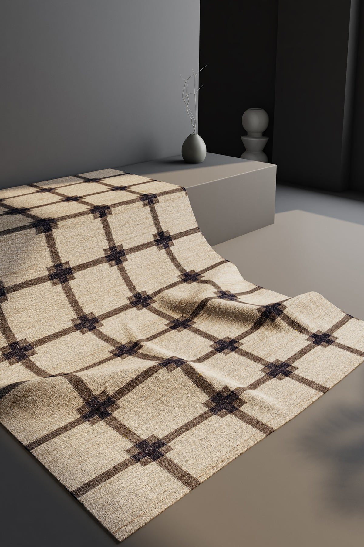 Jaipur Rugs Soft Geometric Grid 5X8 Feet Rug| Soft Beige & Charcoal Slate Hand Knotted Dhurrie Carpet For Living Room