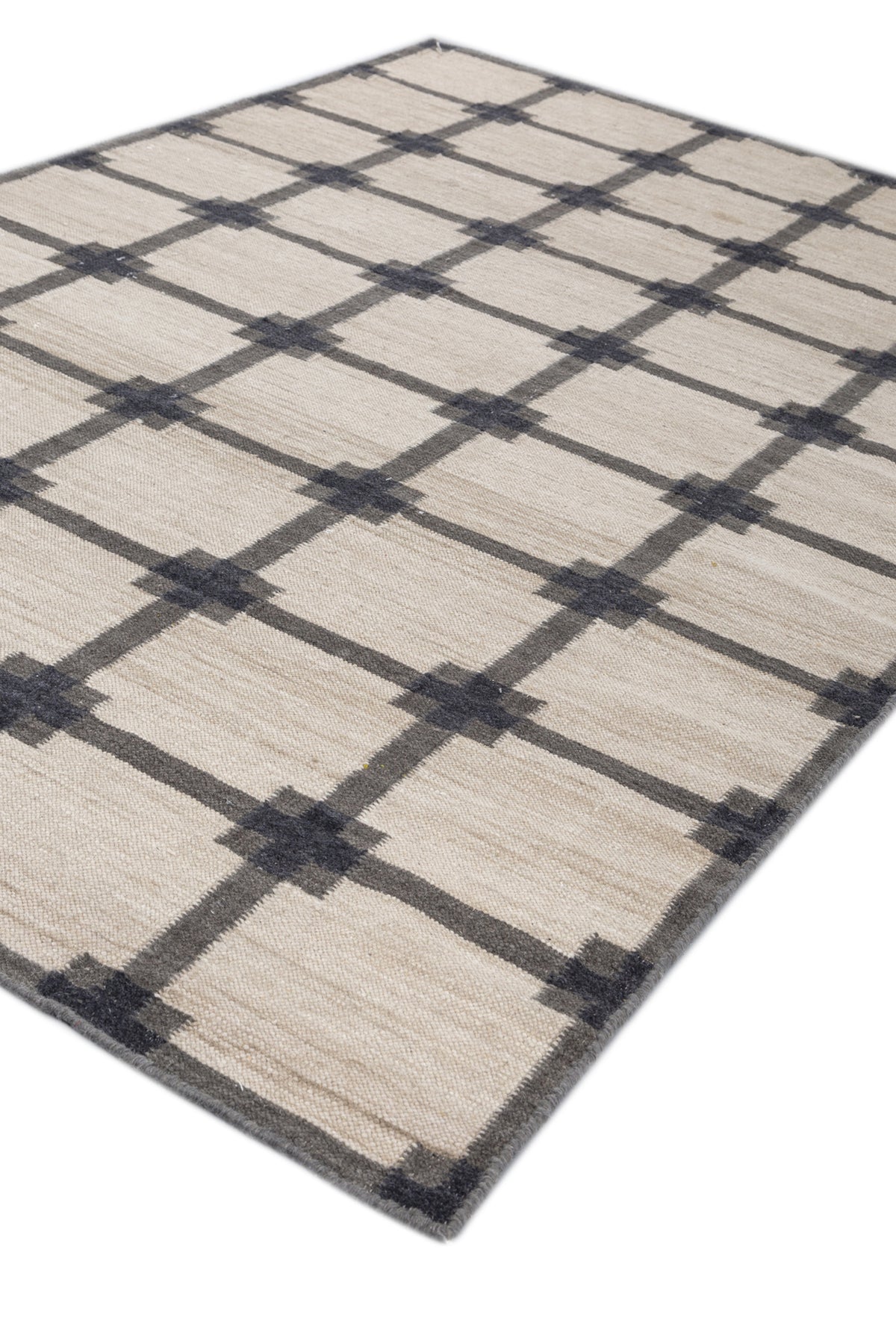 Jaipur Rugs Soft Geometric Grid 5X8 Feet Rug| Soft Beige & Charcoal Slate Hand Knotted Dhurrie Carpet For Living Room