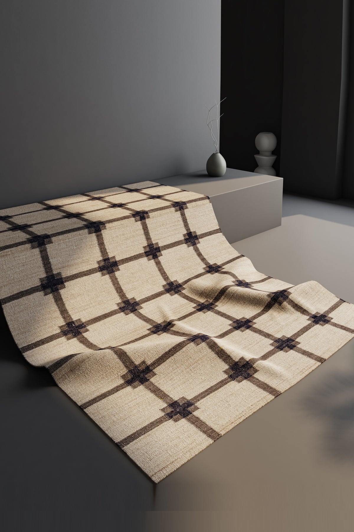 Jaipur Rugs Soft Geometric Grid 5X8 Feet Rug| Soft Beige & Charcoal Slate Hand Knotted Dhurrie Carpet For Living Room