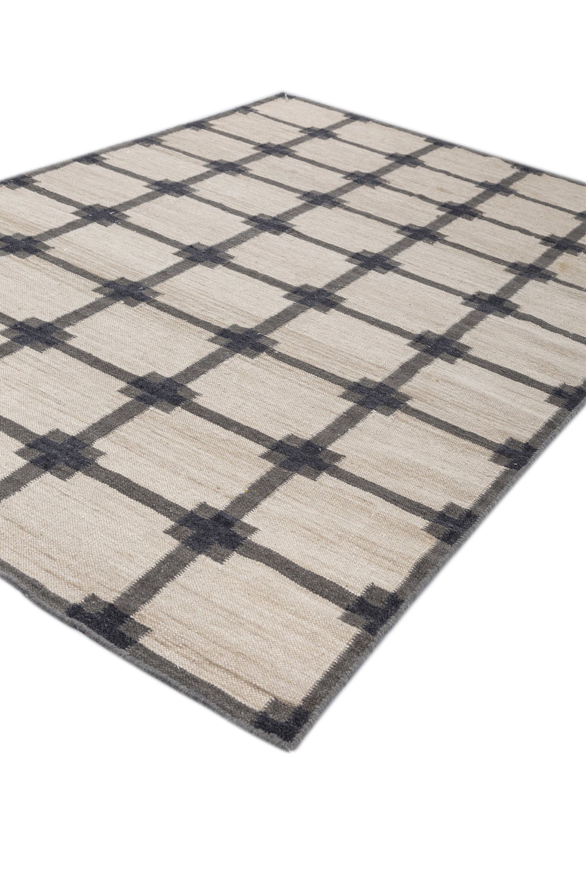 Jaipur Rugs Soft Geometric Grid 5X8 Feet Rug| Soft Beige & Charcoal Slate Hand Knotted Dhurrie Carpet For Living Room