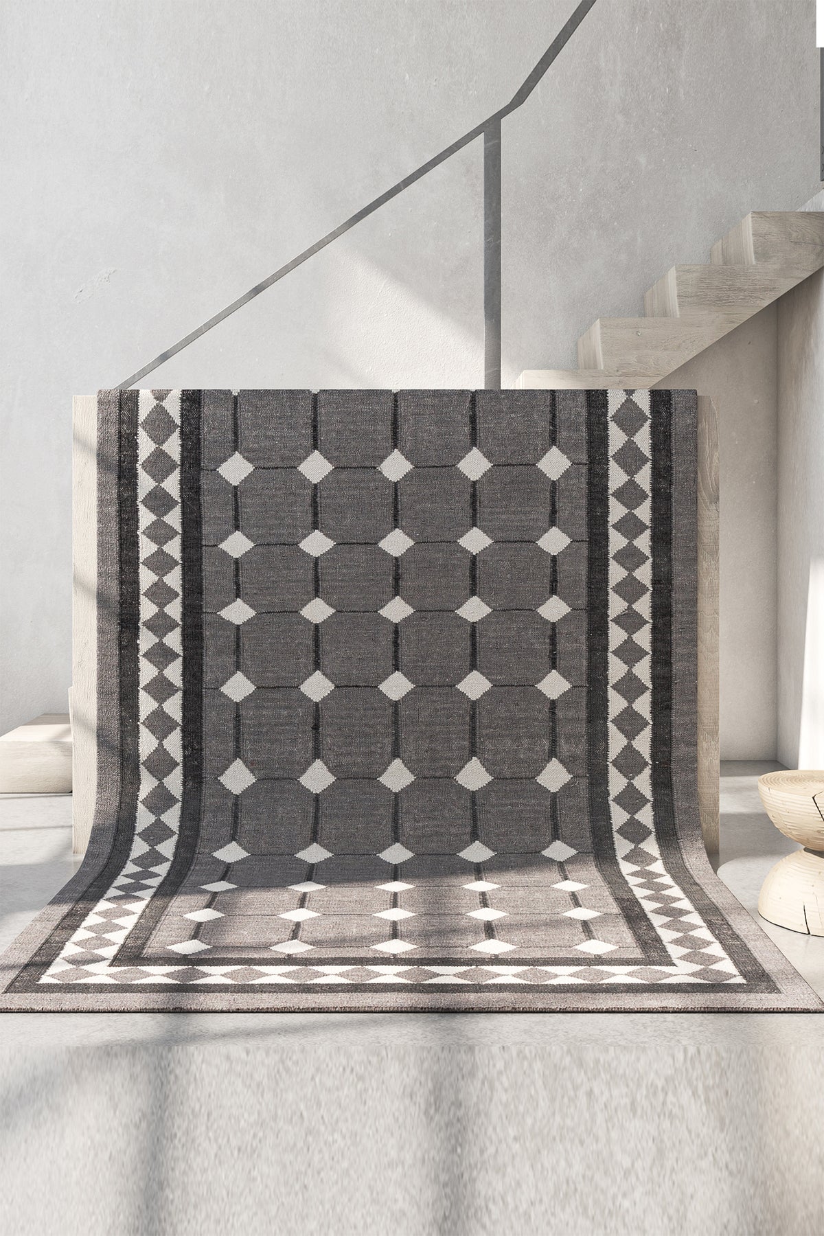Jaipur Rugs Soft Geomatric Grid 5X8 Feet Rug| Charcoal Slate & Liquorice Hand Knotted Dhurrie Carpet For Living Room