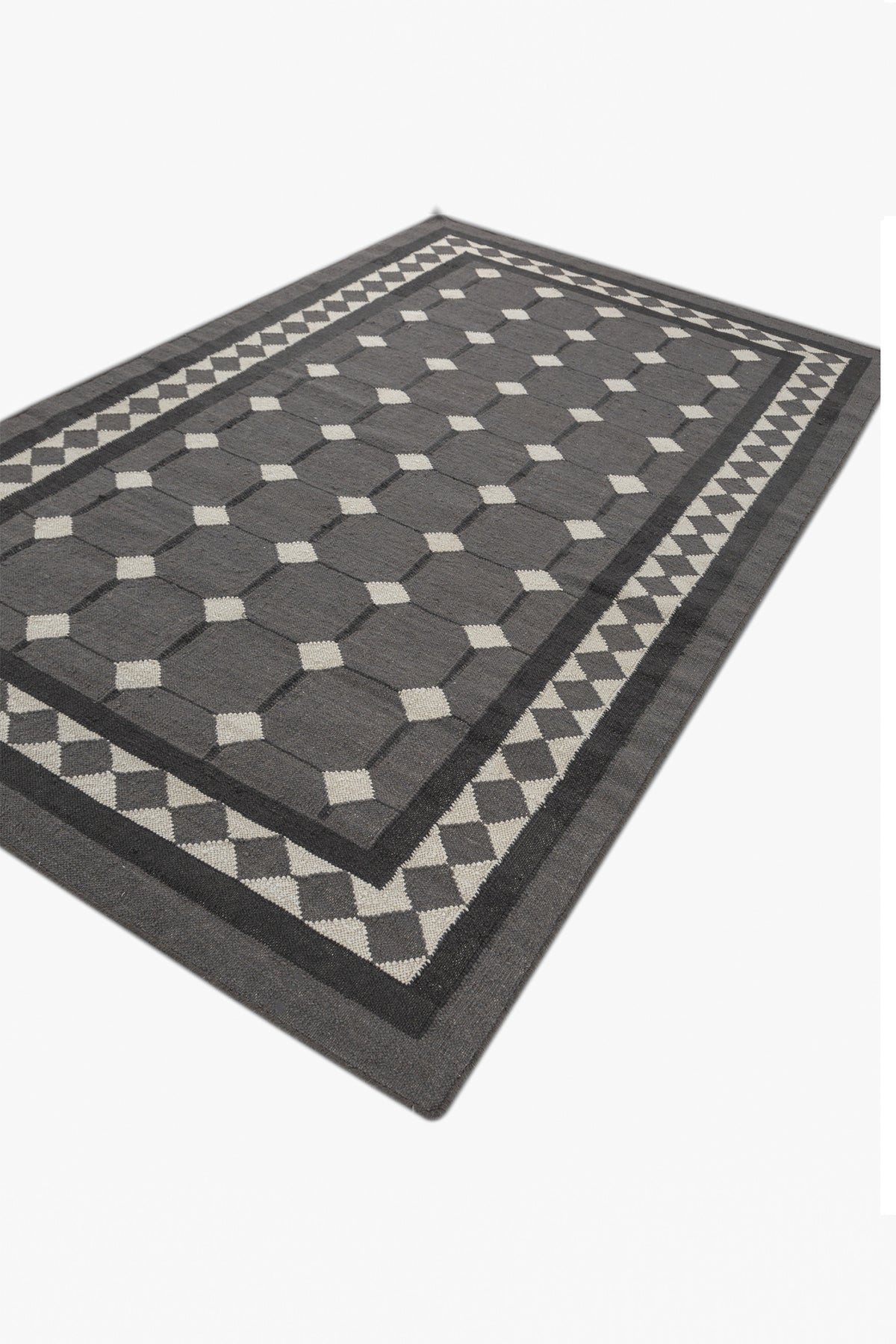 Jaipur Rugs Soft Geomatric Grid 5X8 Feet Rug| Charcoal Slate & Liquorice Hand Knotted Dhurrie Carpet For Living Room