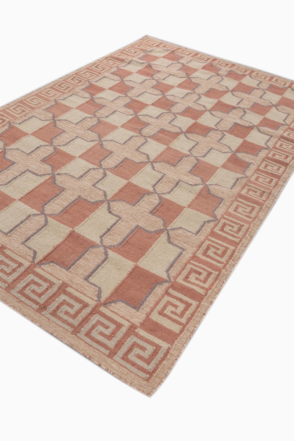 Jaipur Rugs Soft Geomatric With Greek Key Border 5X8 Feet Rug| Apricot & Sand Hand Knotted Dhurrie Carpet For Living Room