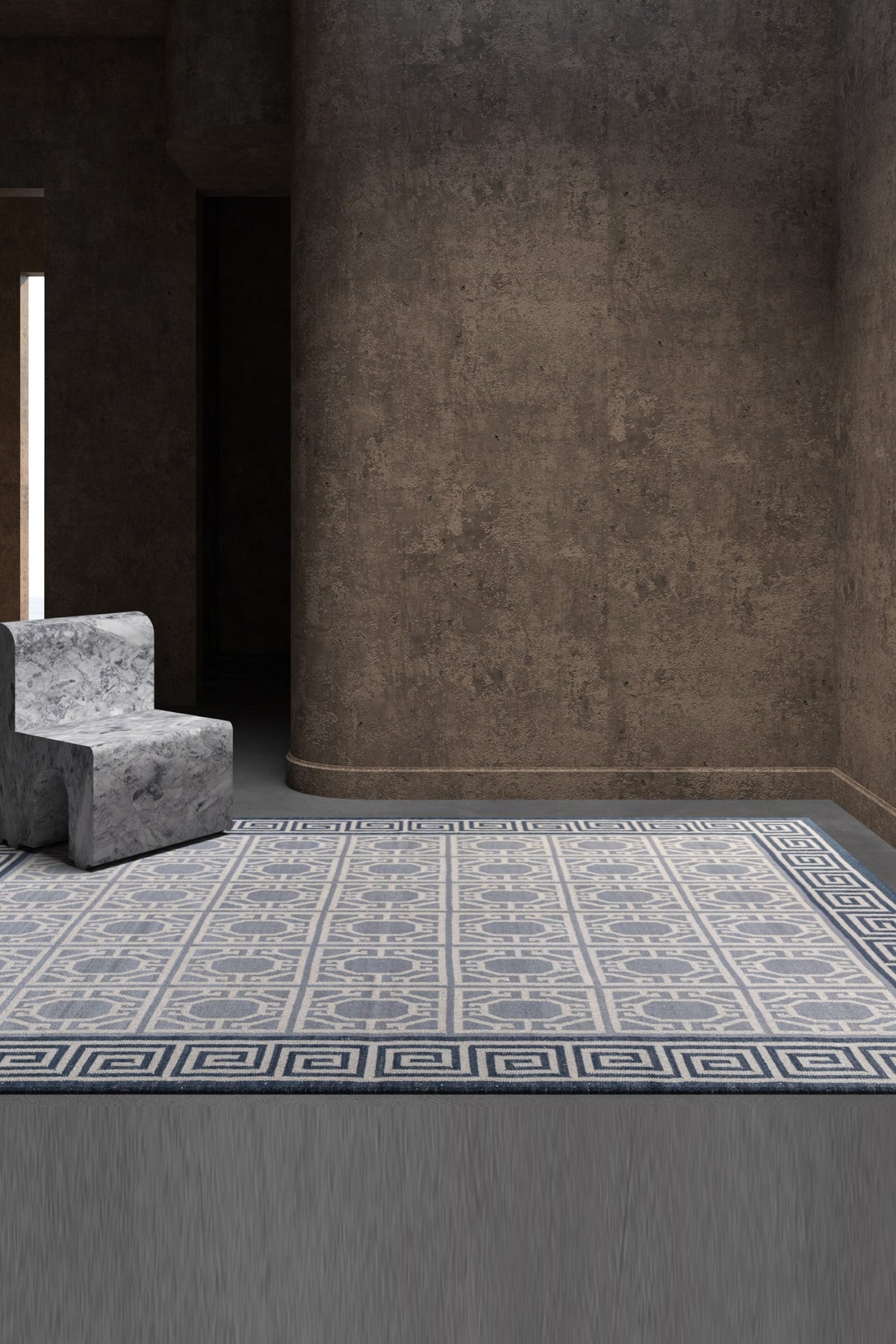 Jaipur Rugs Soft Geomatric With Greek Key Border 8X10 Feet Rug| Light Silver & Silver Lake Blue Hand Knotted Dhurrie Carpet For Living Room