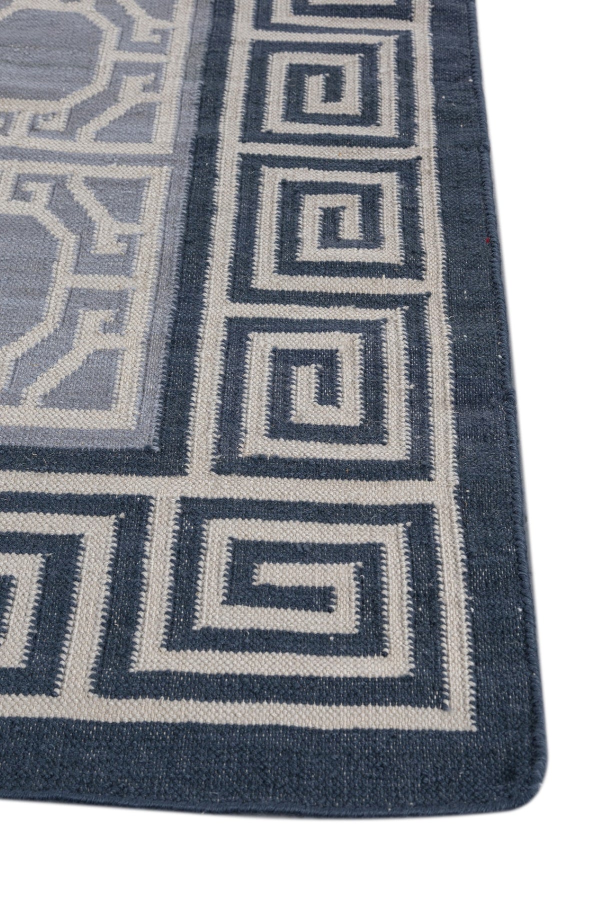 Jaipur Rugs Soft Geomatric With Greek Key Border 8X10 Feet Rug| Light Silver & Silver Lake Blue Hand Knotted Dhurrie Carpet For Living Room