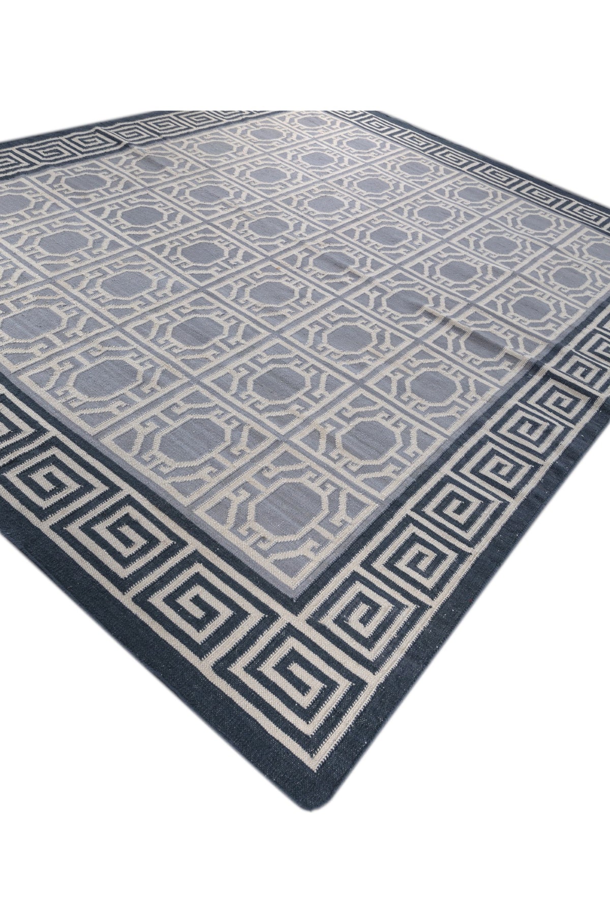Jaipur Rugs Soft Geomatric With Greek Key Border 8X10 Feet Rug| Light Silver & Silver Lake Blue Hand Knotted Dhurrie Carpet For Living Room