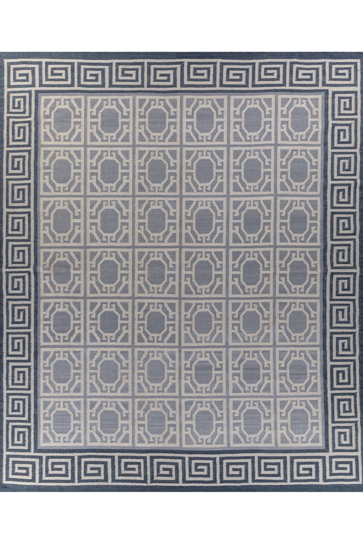 Jaipur Rugs Soft Geomatric With Greek Key Border 8X10 Feet Rug| Light Silver & Silver Lake Blue Hand Knotted Dhurrie Carpet For Living Room