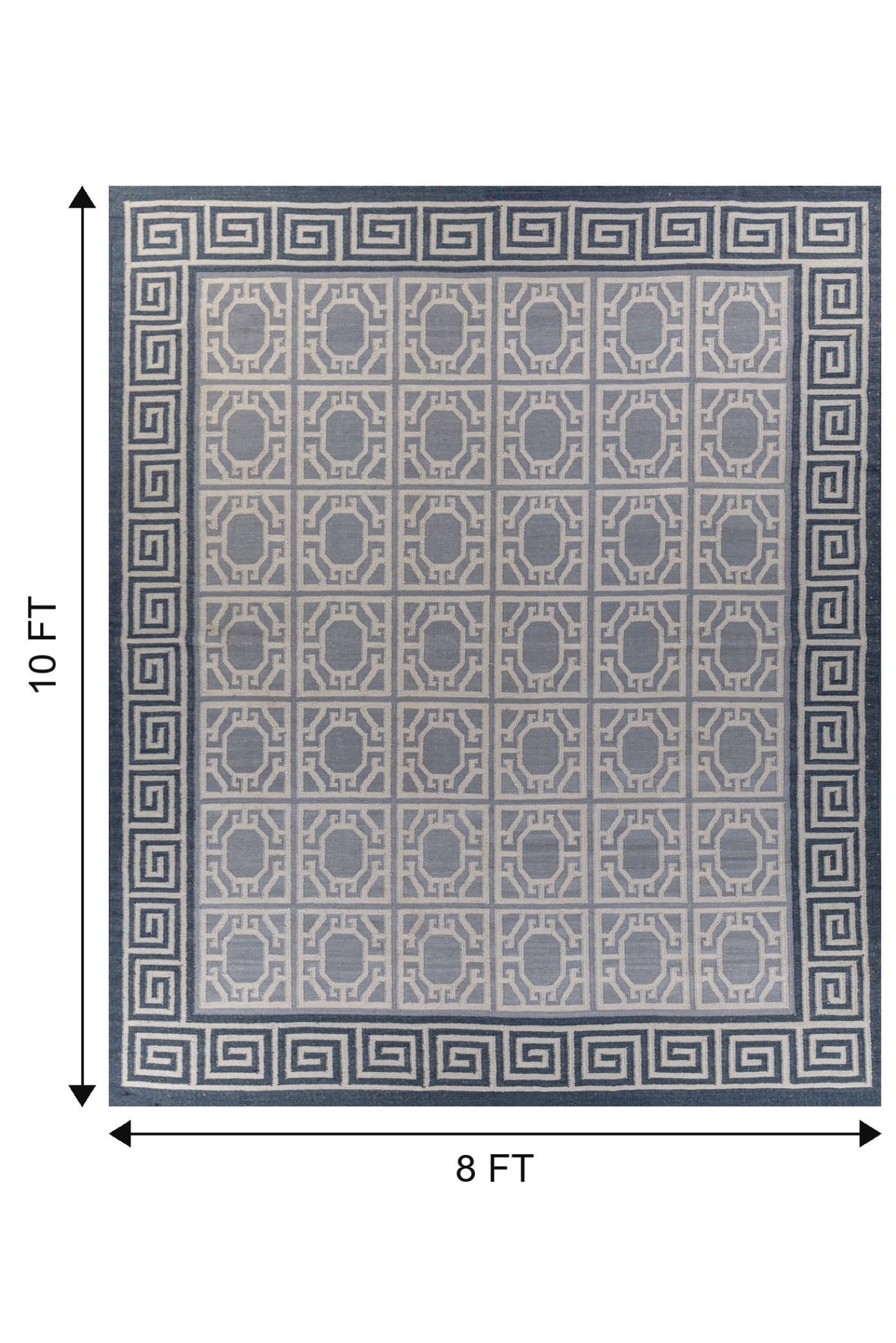 Jaipur Rugs Soft Geomatric With Greek Key Border 8X10 Feet Rug| Light Silver & Silver Lake Blue Hand Knotted Dhurrie Carpet For Living Room