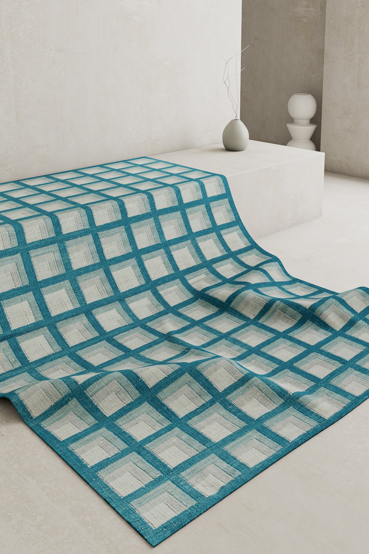 Jaipur Rugs Soft Checkered 4X6 Feet Rug| Capri & Aruba Blue Hand Knotted Dhurrie Carpet For Living Room