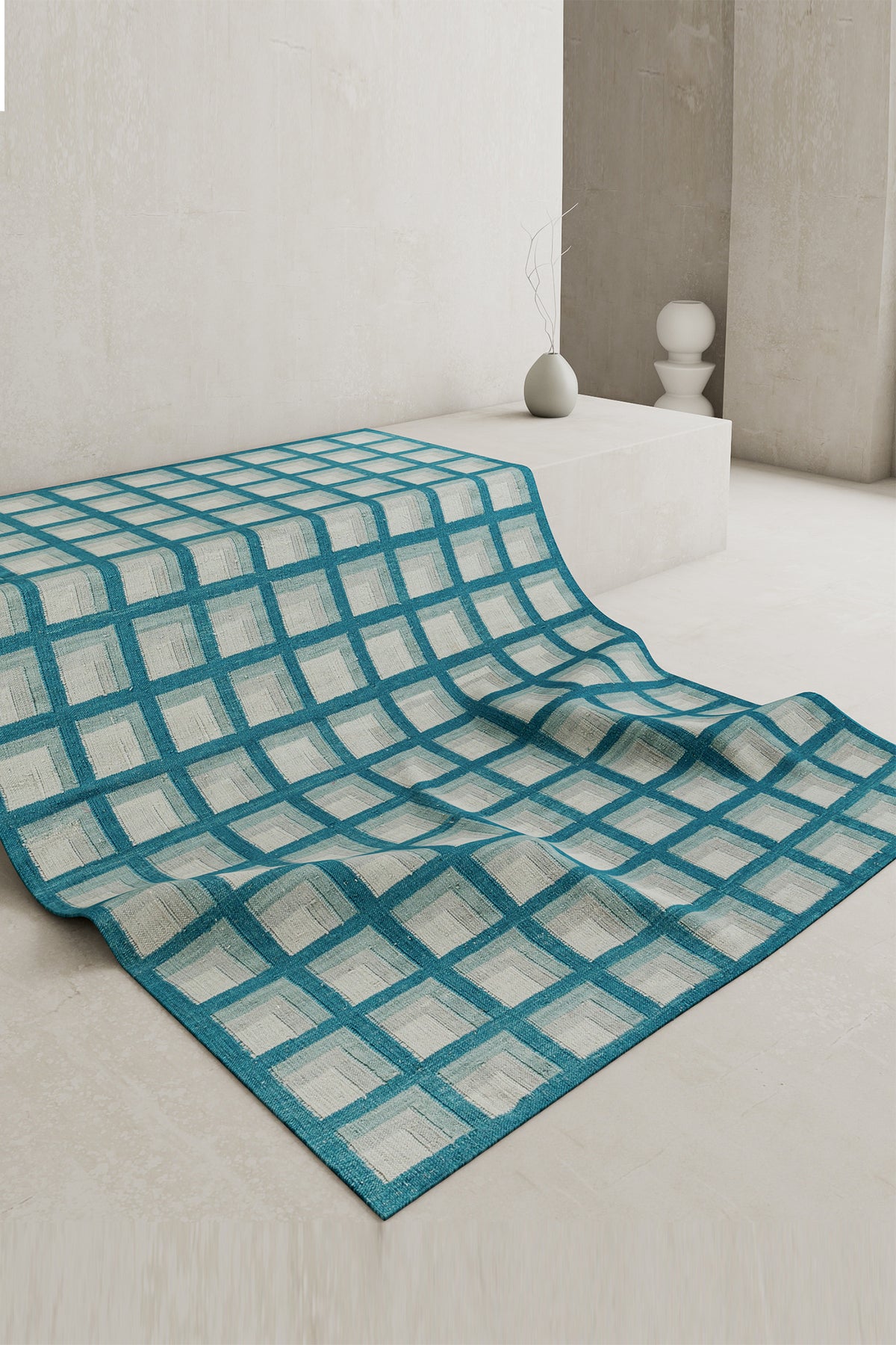 Jaipur Rugs Soft Checkered 5X8 Feet Rug| Capri & Aruba Blue Hand Knotted Dhurrie Carpet For Living Room