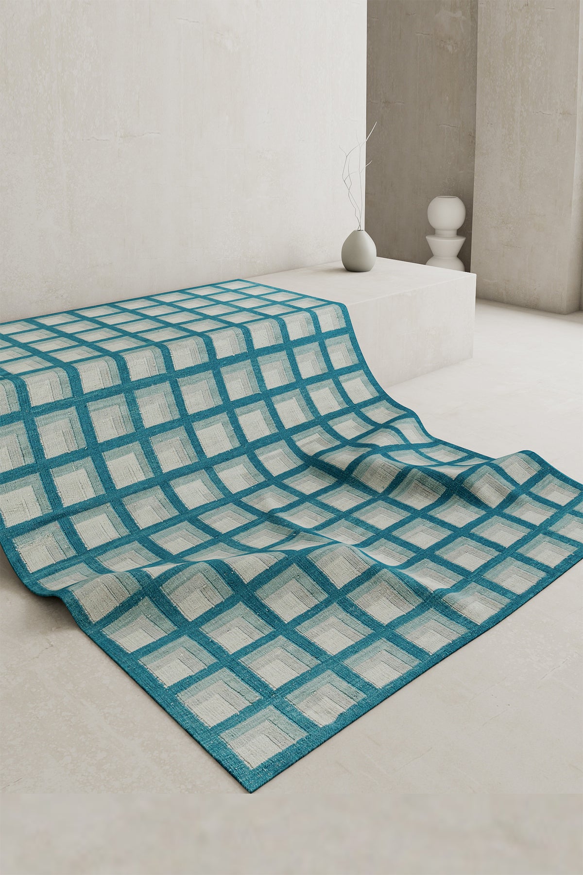 Jaipur Rugs Soft Checkered 6X9 Feet Rug| Capri & Aruba Blue Hand Knotted Dhurrie Carpet For Living Room