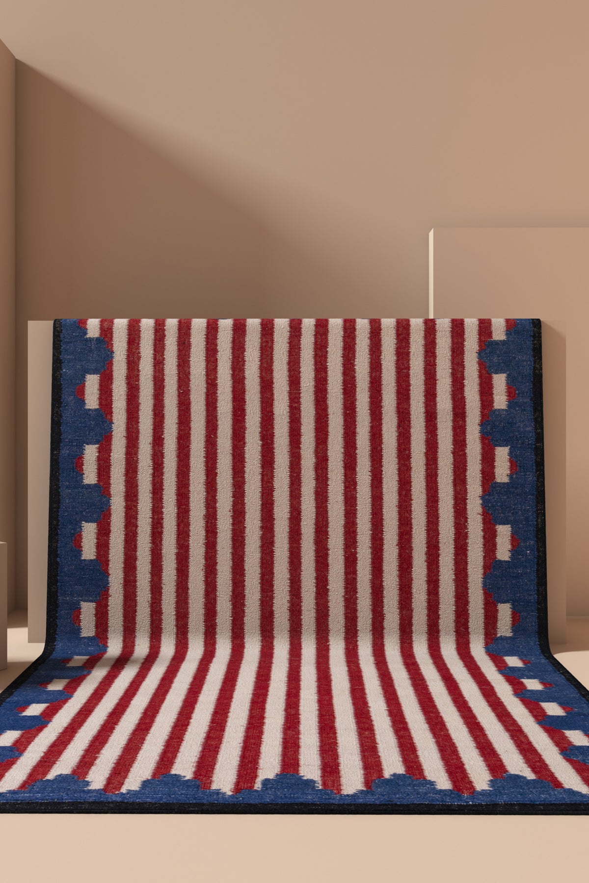 Jaipur Rugs Soft Scalloped Border Striped 5X8 Feet Rug| White & Medium Red Hand Knotted Dhurrie Carpet For Living Room