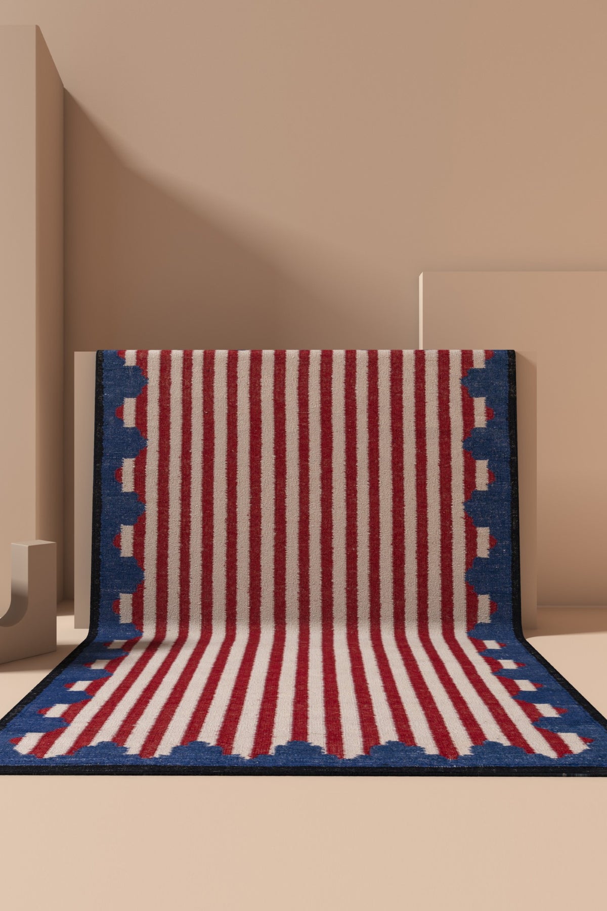 Jaipur Rugs Soft Scalloped Border Striped 6X9 Feet Rug| White & Medium Red Hand Knotted Dhurrie Carpet For Living Room