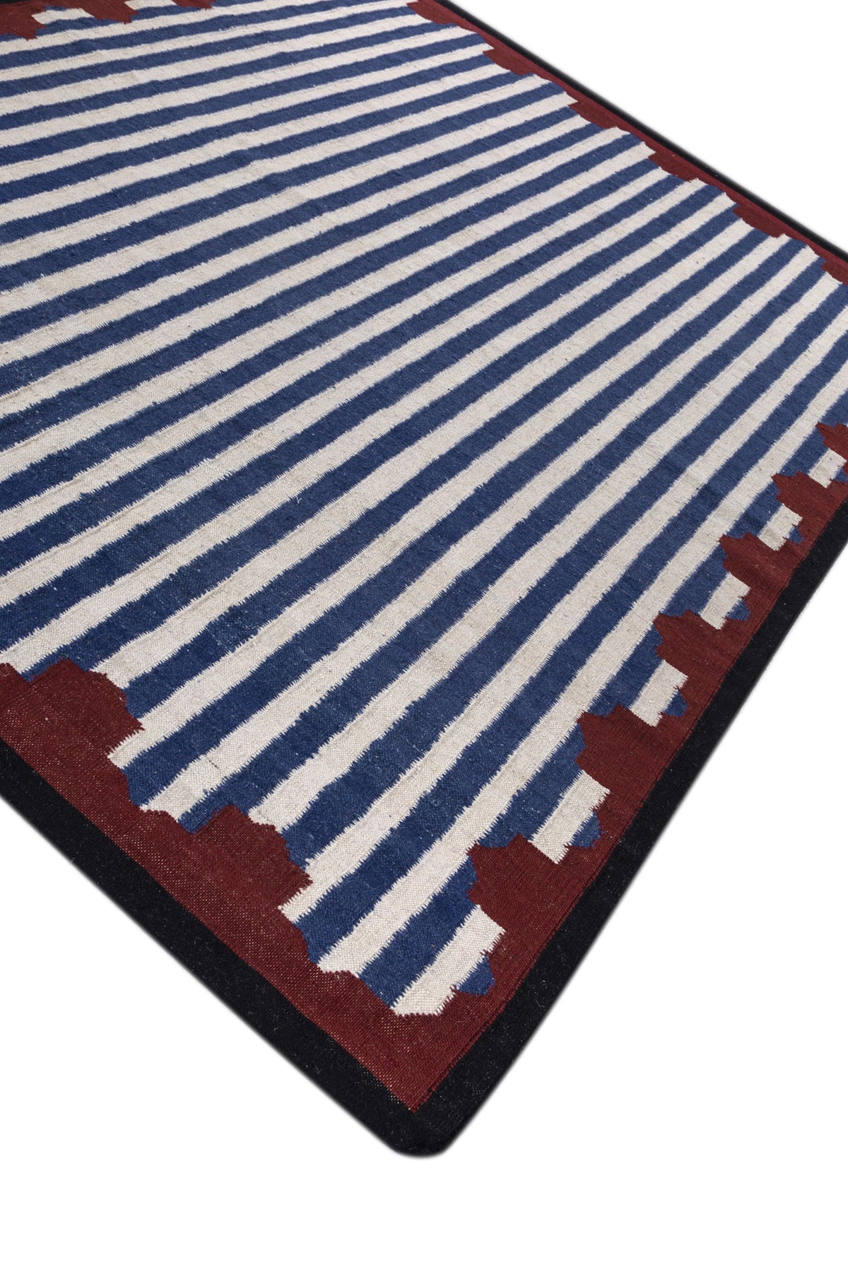 Jaipur Rugs Soft Scalloped Border Striped 6X9 Feet Rug| White & Medium Cobalt Hand Knotted Dhurrie Carpet For Living Room