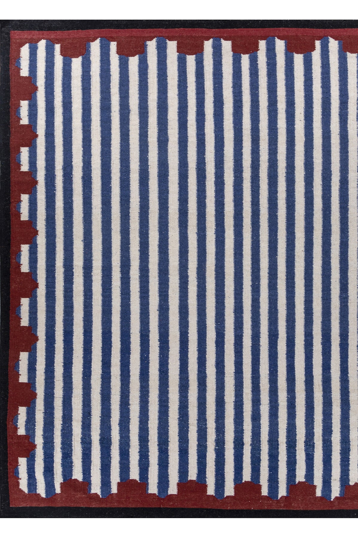 Jaipur Rugs Soft Scalloped Border Striped 6X9 Feet Rug| White & Medium Cobalt Hand Knotted Dhurrie Carpet For Living Room