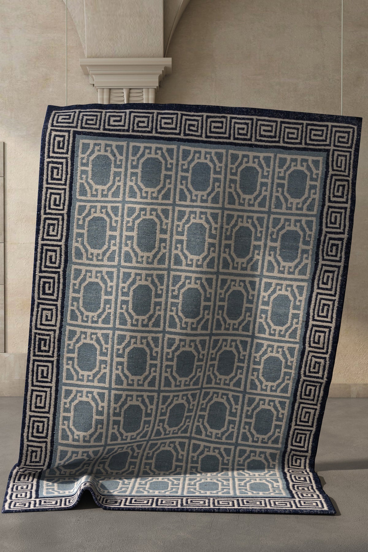 Jaipur Rugs Soft Geomatric With Greek Key Border 8X10 Feet Rug| White & Medium Gray Hand Knotted Dhurrie Carpet For Living Room