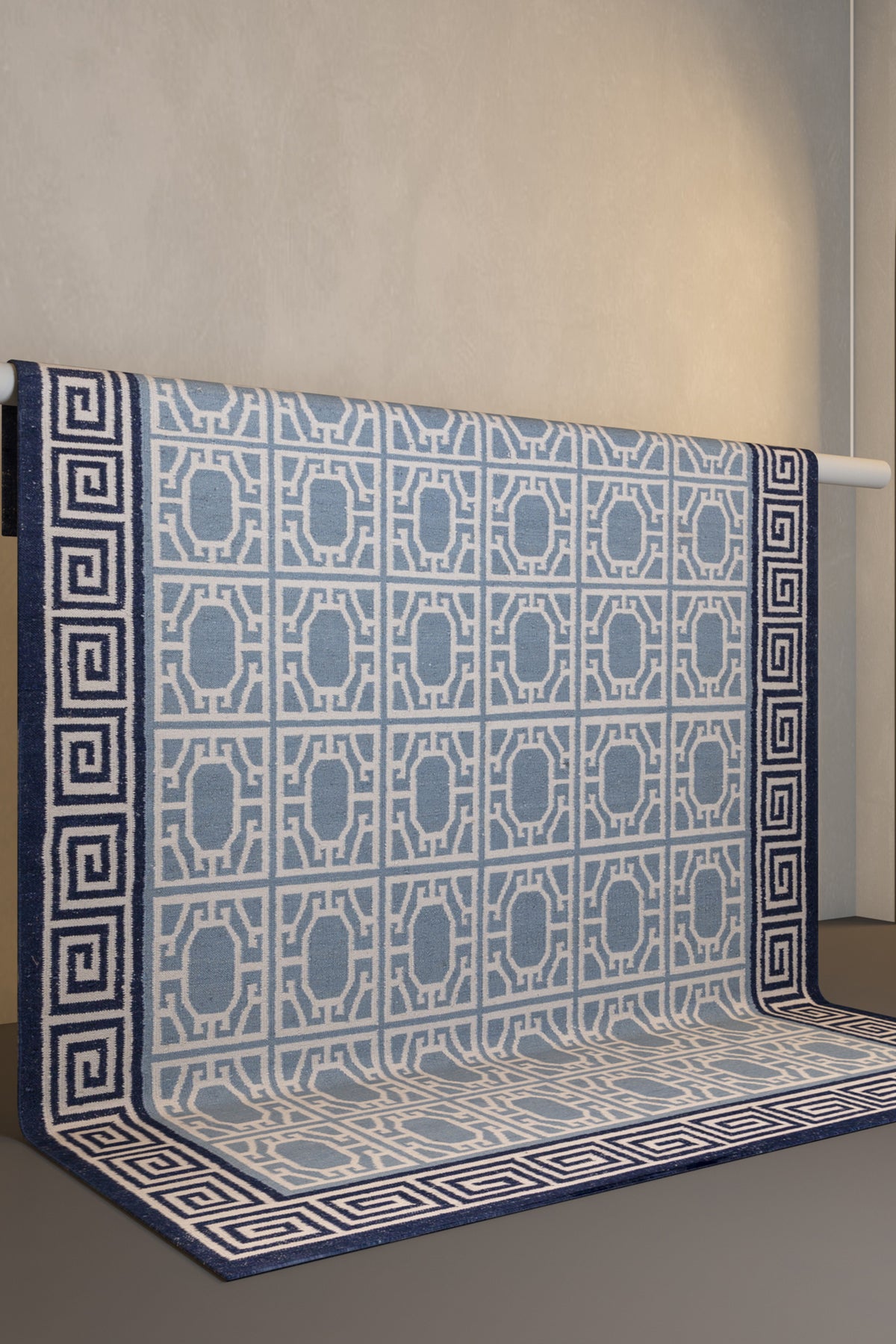 Jaipur Rugs Soft Geomatric With Greek Key Border 8X10 Feet Rug| White & Silver Lake Blue Hand Knotted Dhurrie Carpet For Living Room