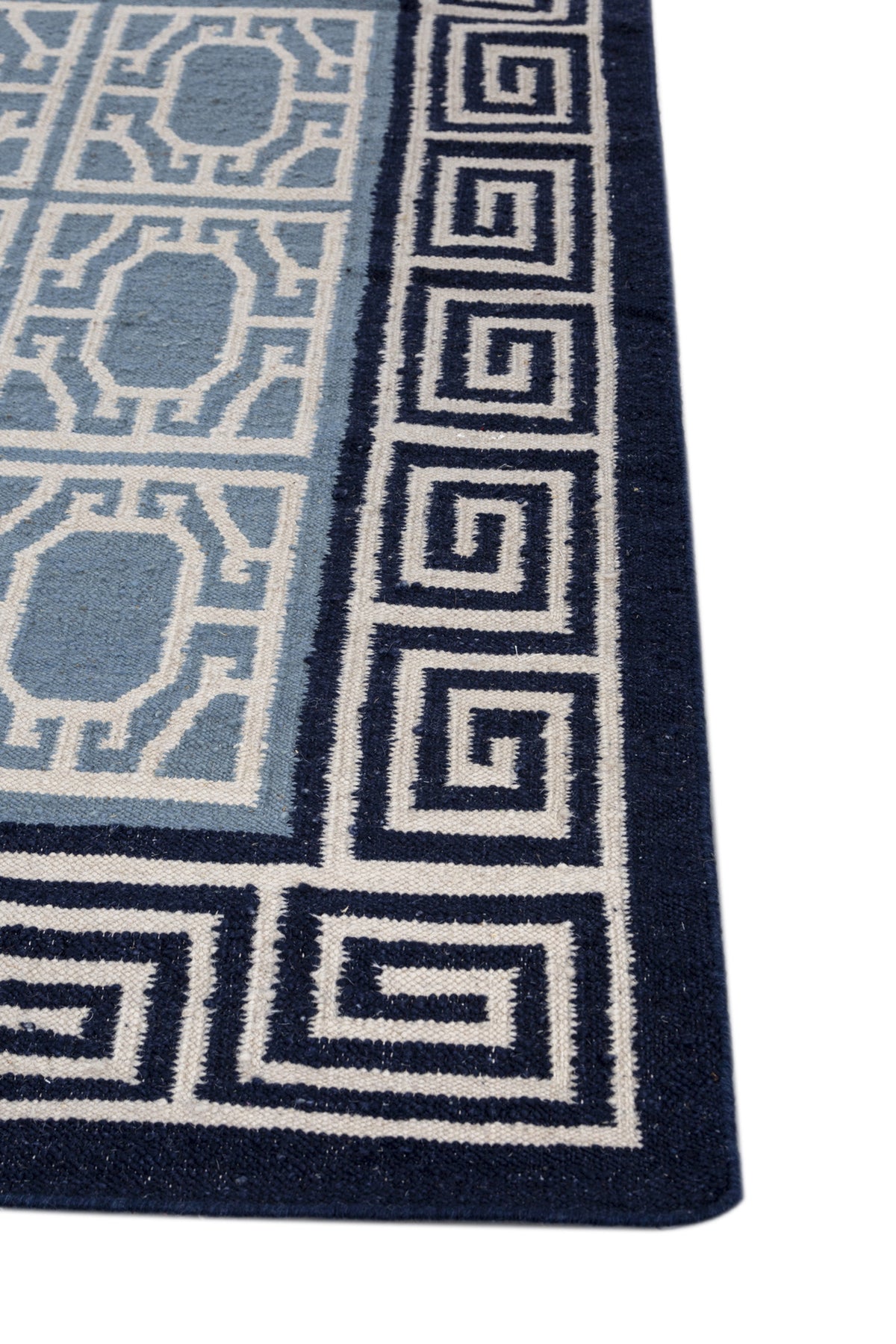 Jaipur Rugs Soft Geomatric With Greek Key Border 8X10 Feet Rug| White & Silver Lake Blue Hand Knotted Dhurrie Carpet For Living Room
