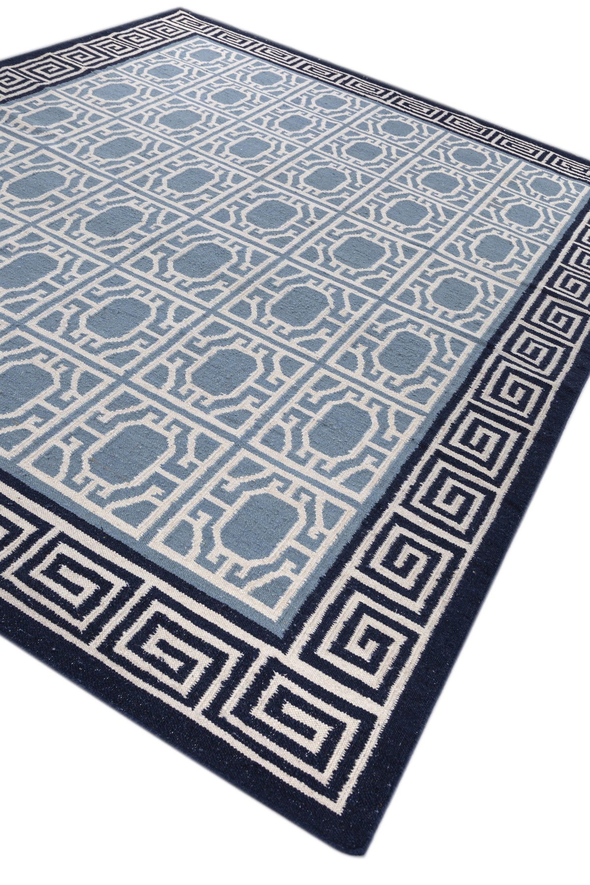 Jaipur Rugs Soft Geomatric With Greek Key Border 8X10 Feet Rug| White & Silver Lake Blue Hand Knotted Dhurrie Carpet For Living Room