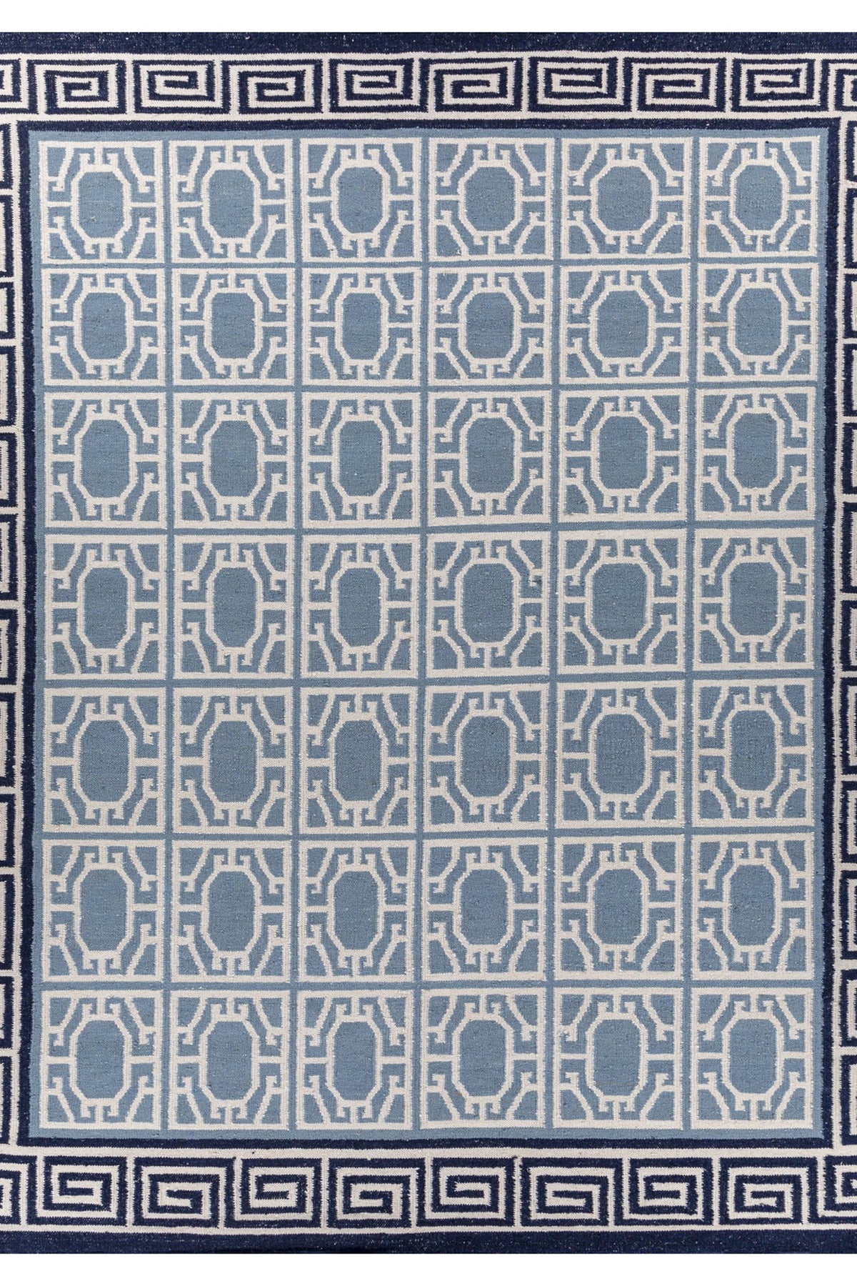 Jaipur Rugs Soft Geomatric With Greek Key Border 8X10 Feet Rug| White & Silver Lake Blue Hand Knotted Dhurrie Carpet For Living Room