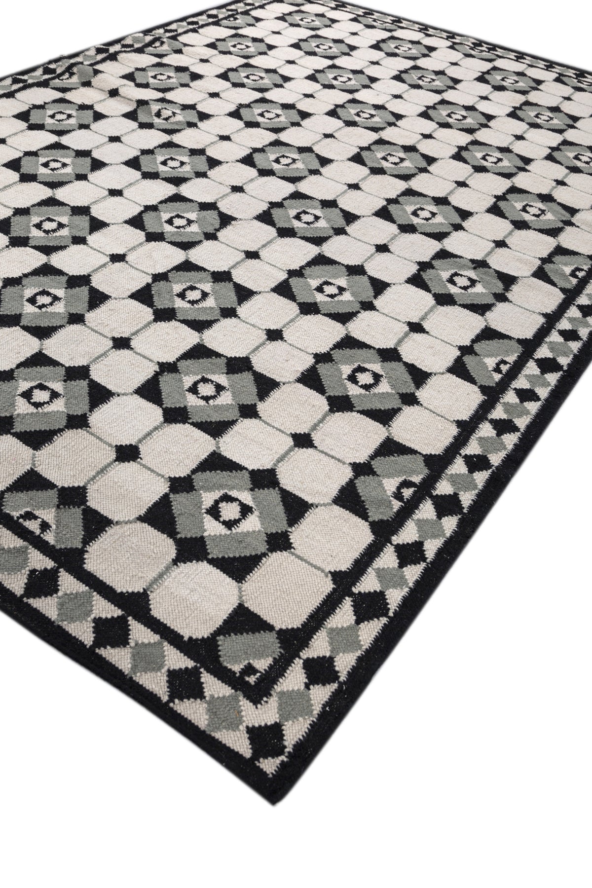Jaipur Rugs Soft Geomatric 6X9 Feet Rug| Dark Ivory & Ebony Hand Knotted Dhurrie Carpet For Living Room