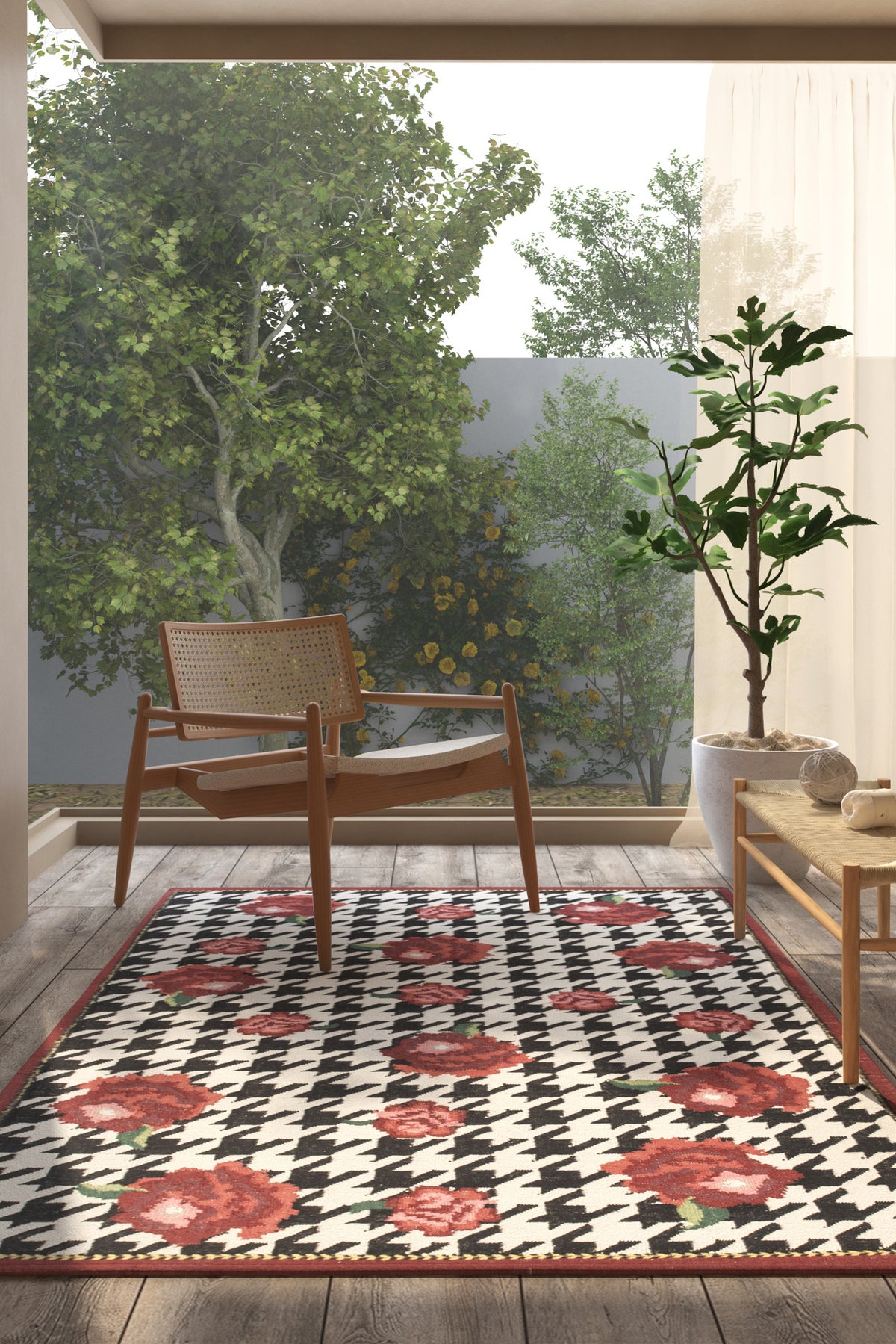Jaipur Rugs Soft Houndstooth Floral 6X9 Feet Rug| White & Ebony Hand Knotted Dhurrie Carpet For Living Room