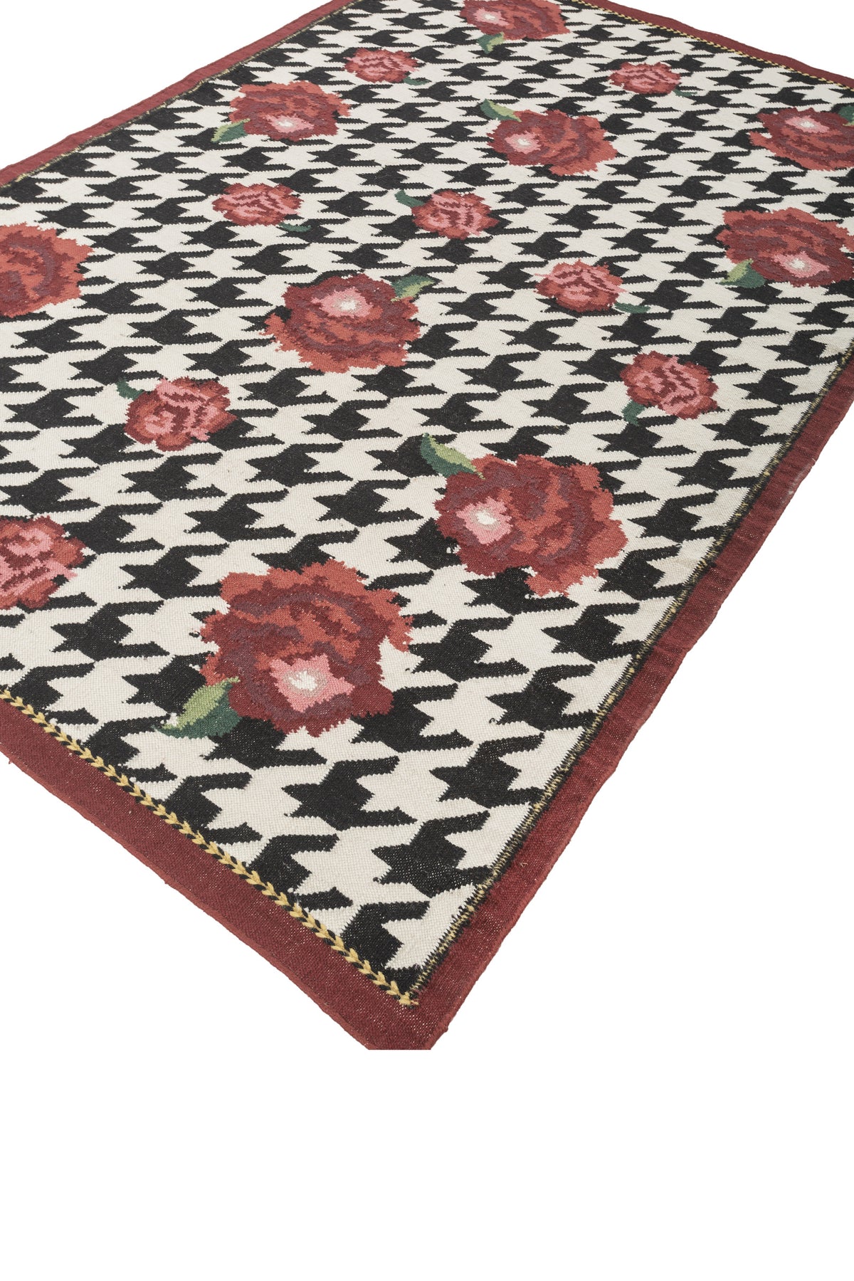Jaipur Rugs Soft Houndstooth Floral 6X9 Feet Rug| White & Ebony Hand Knotted Dhurrie Carpet For Living Room
