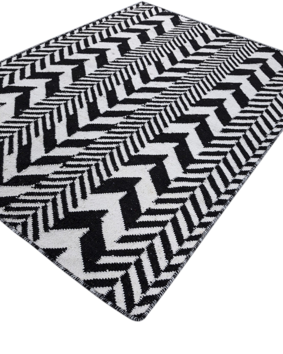 Jaipur Rugs Soft Interlocking Chevron 4X6 Feet Rug| Ebony & Undyed White Hand Knotted Dhurrie Carpet For Living Room