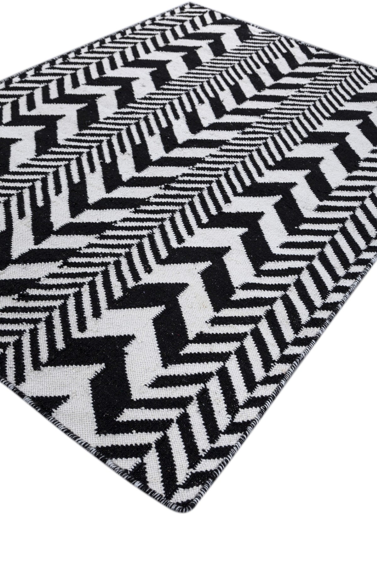 Jaipur Rugs Soft Interlocking Chevron 6X9 Feet Rug| Ebony & Undyed White Hand Knotted Dhurrie Carpet For Living Room