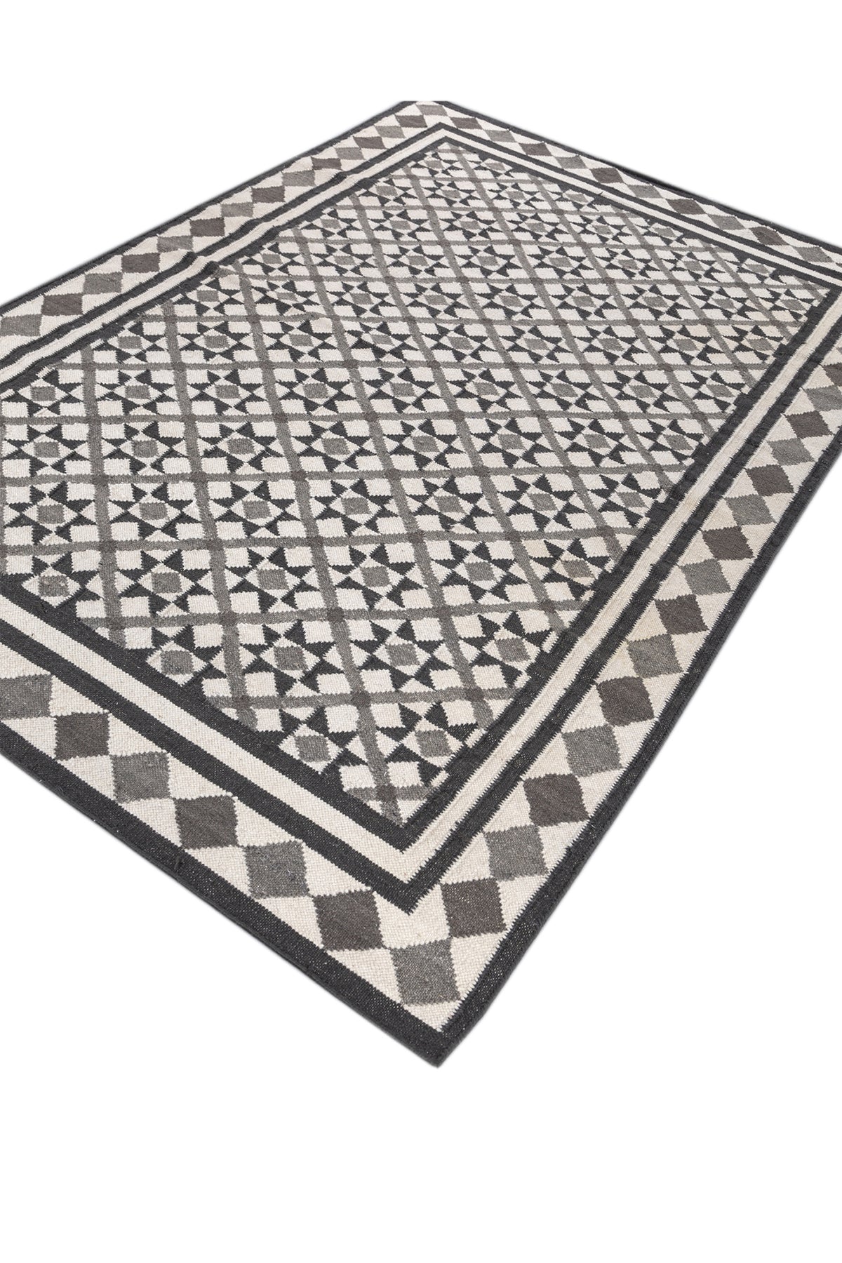 Jaipur Rugs Soft Trellis 5X8 Feet Rug| White & Black Olive Hand Knotted Dhurrie Carpet For Living Room
