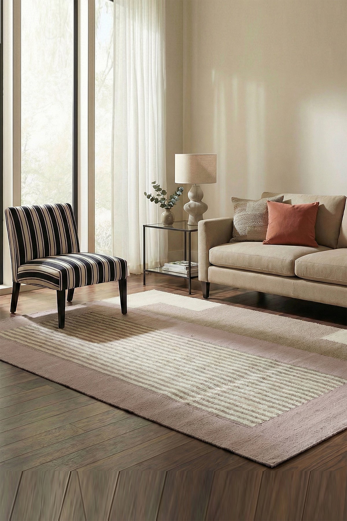Jaipur Rugs Soft Geometric Striped 5X8 Feet Rug| Medium Fawn & Lilac Hush Hand Knotted Dhurrie Carpet For Living Room