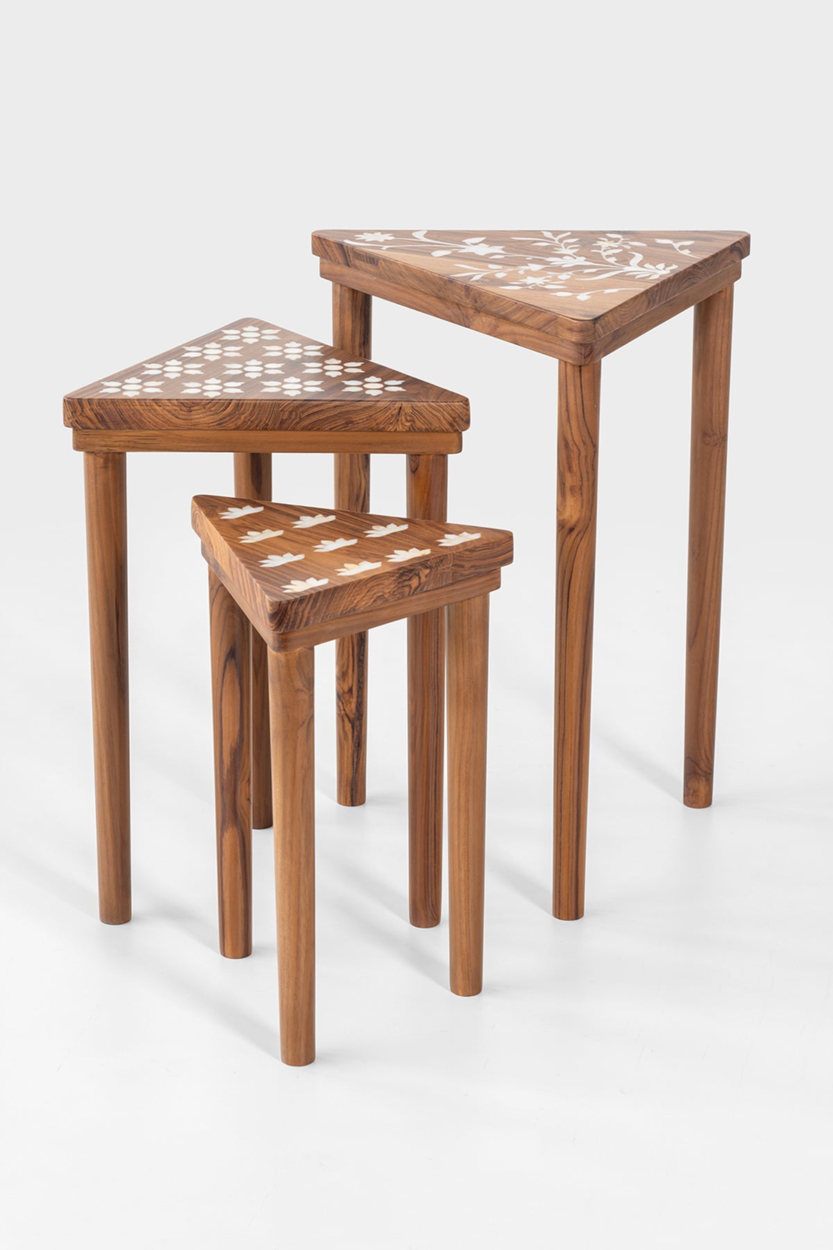 Inlay Nesting CP Teak Wood Brown Tables Set Of 3