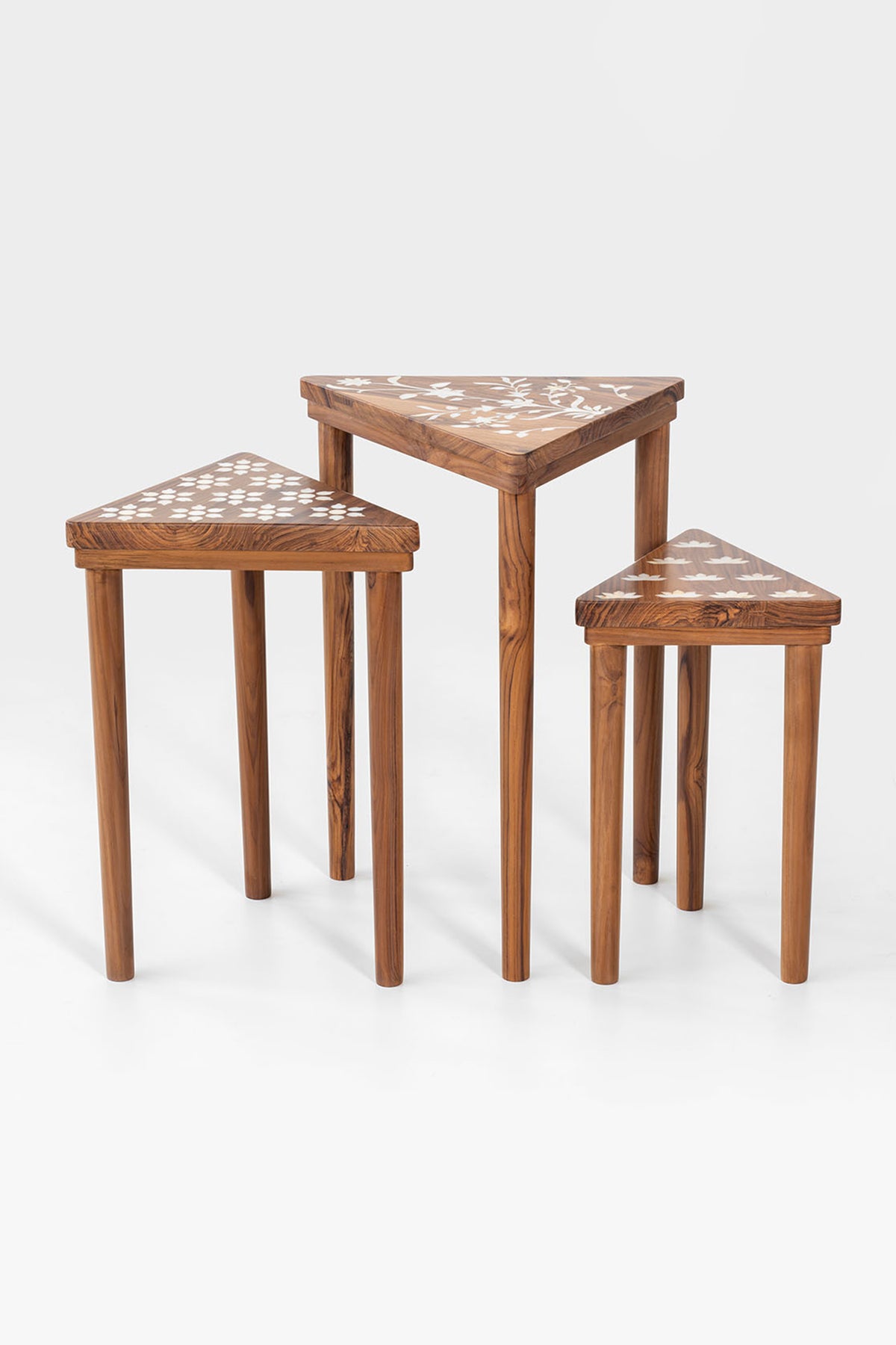 Inlay Nesting CP Teak Wood Brown Tables Set Of 3
