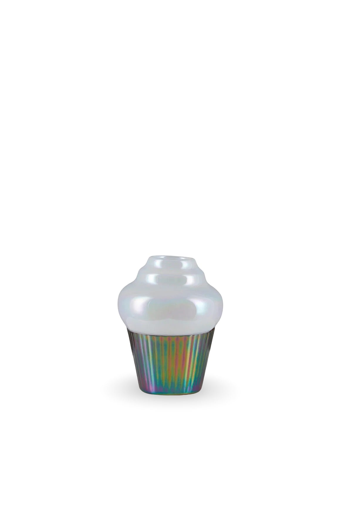 Cupcake Handblown Glass White Iridescent Decor Item