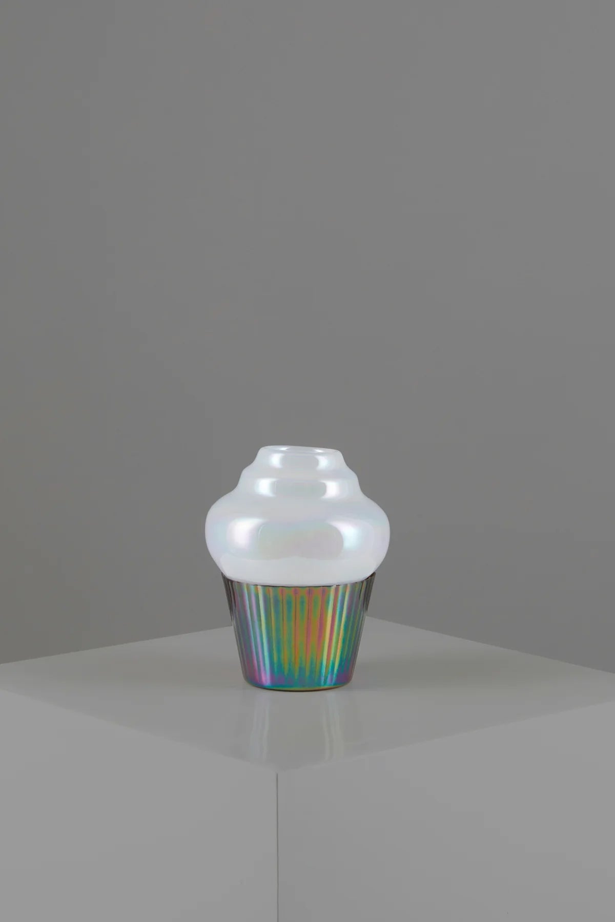 Cupcake Handblown Glass White Iridescent Decor Item