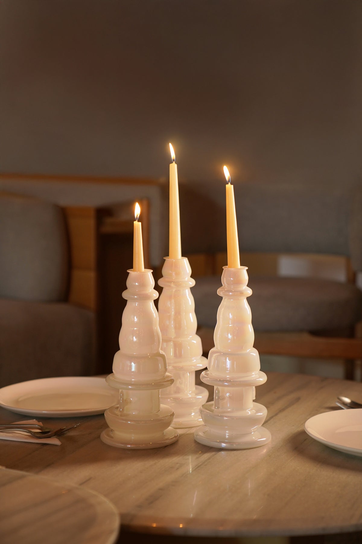 Thoon Handblown Glass White Opaline MOP Finish Candle Stand