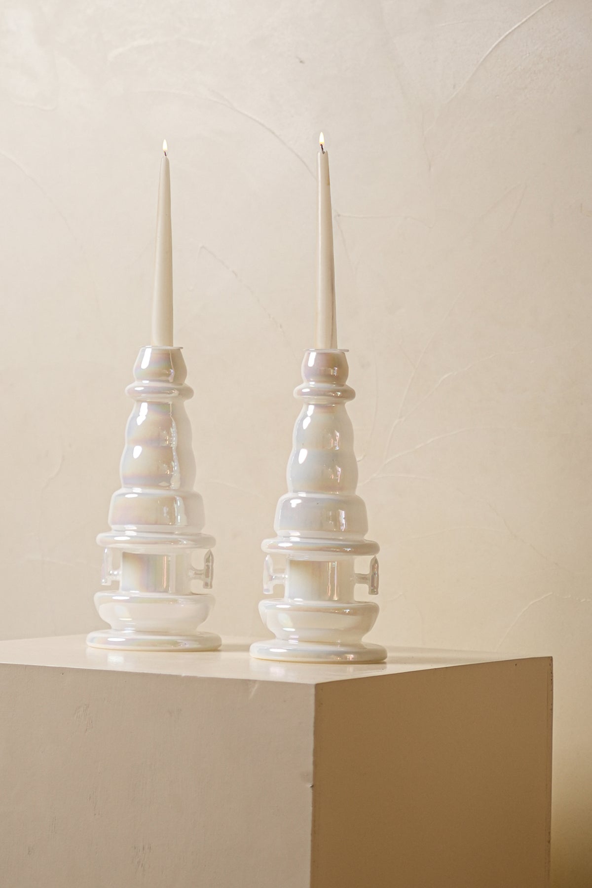 Thoon Handblown Glass White Opaline MOP Finish Candle Stand