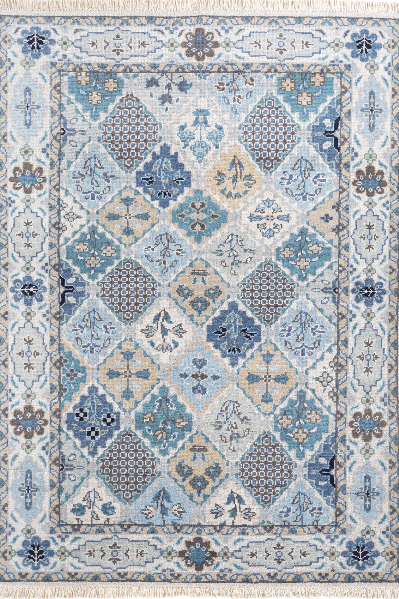 Jaipur Rugs Soft Traditional 5X8 Feet Rug| Pebble White & Seaside Blue Hand Knotted Rug Carpet For Living Room