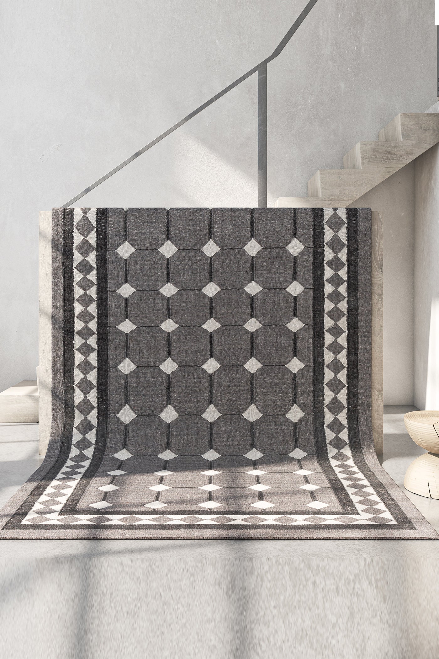 Jaipur Rugs Soft Geomatric Grid 5X8 Feet Rug| Charcoal Slate & Liquorice Hand Knotted Dhurrie Carpet For Living Room