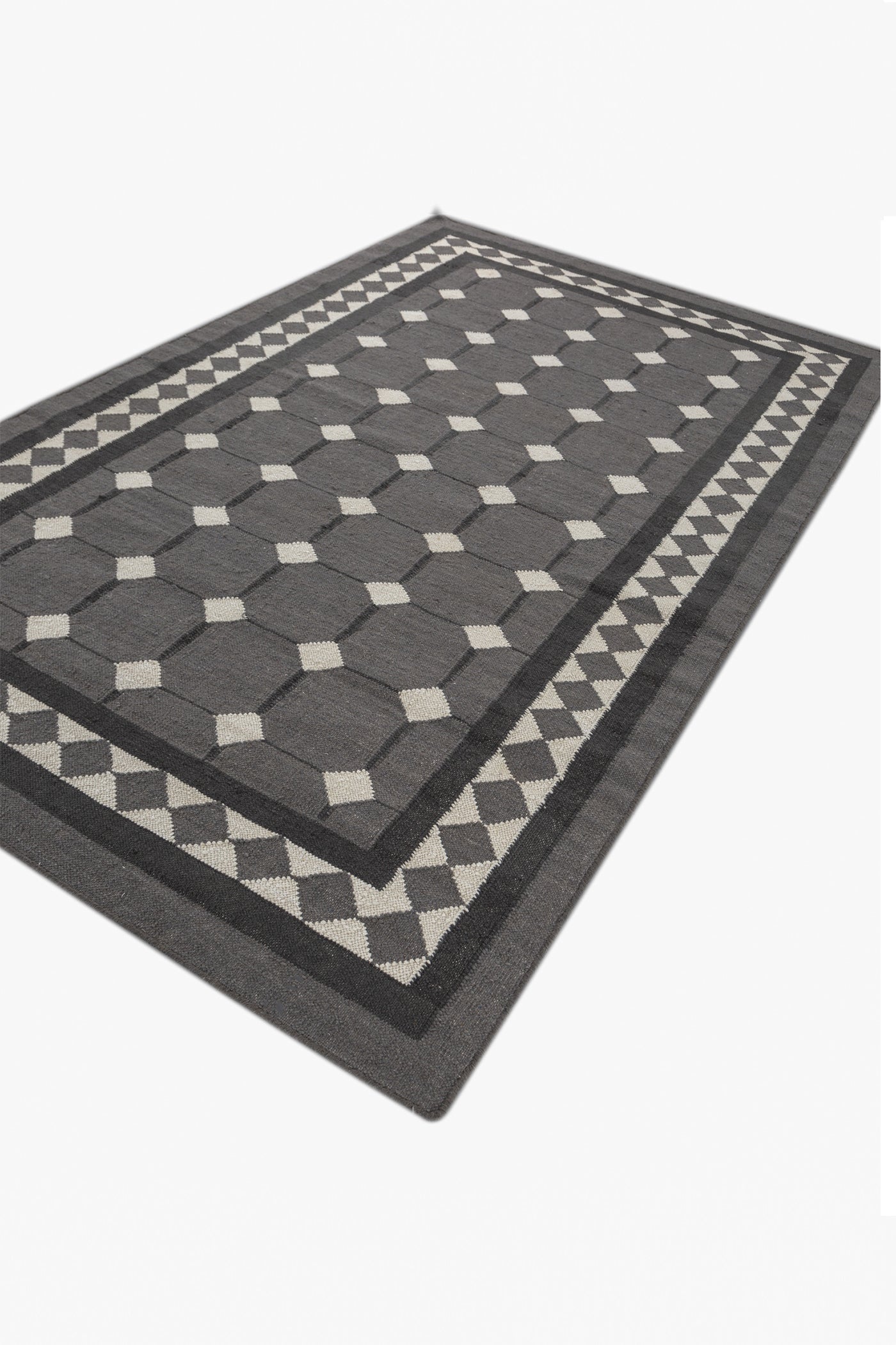 Jaipur Rugs Soft Geomatric Grid 5X8 Feet Rug| Charcoal Slate & Liquorice Hand Knotted Dhurrie Carpet For Living Room
