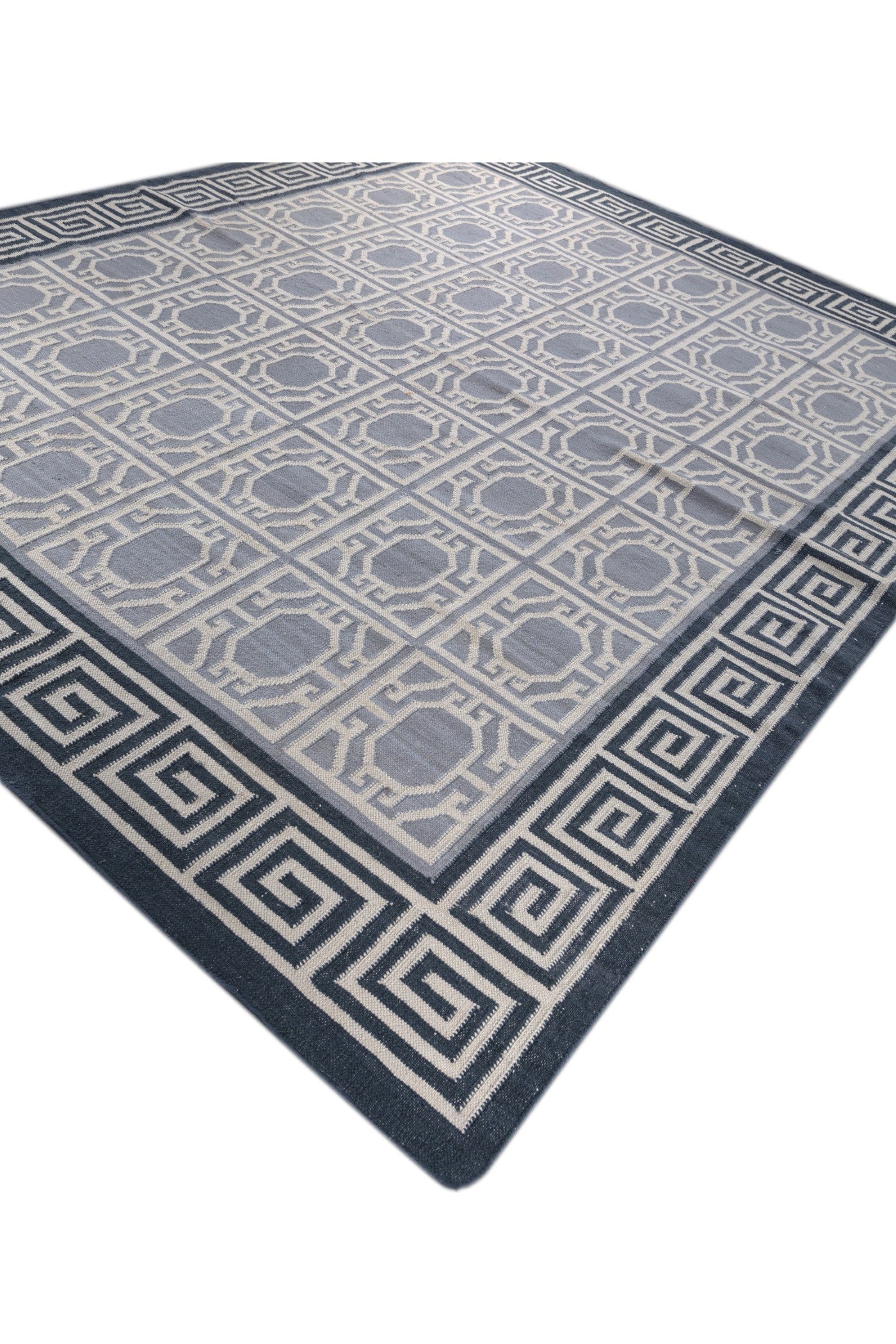 Jaipur Rugs Soft Geomatric With Greek Key Border 8X10 Feet Rug| Light Silver & Silver Lake Blue Hand Knotted Dhurrie Carpet For Living Room