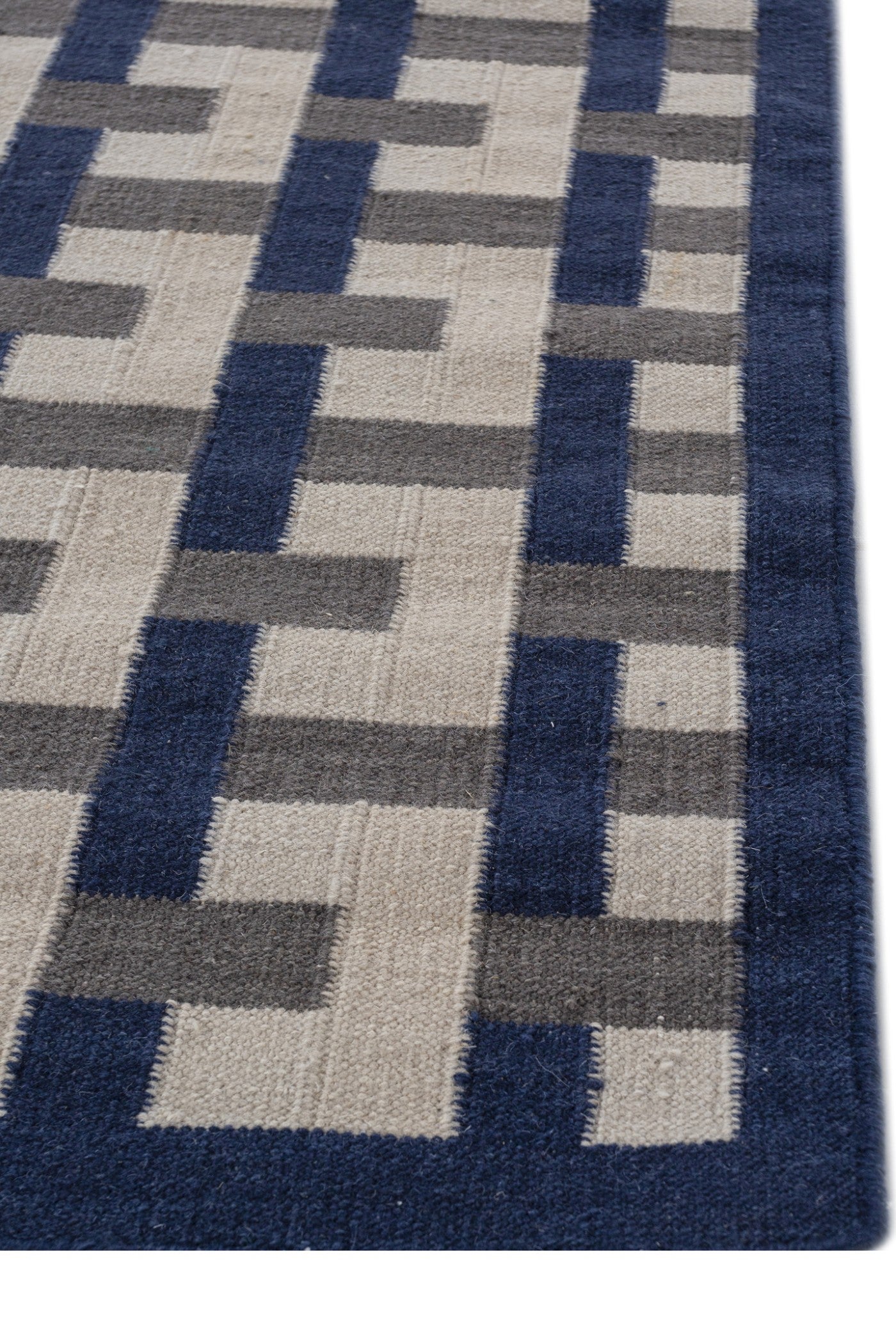 Jaipur Rugs Soft Geomatric 6X9 Feet Rug| Medieval Blue & Liquorice Hand Knotted Dhurrie Carpet For Living Room